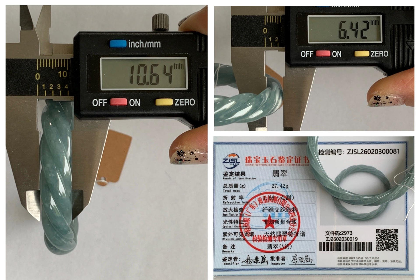 Certified Natural Grade A Guatemalan Icy Translucent Dark Dusty Blue Jade Jadeite Carved Braid Bangle 55.3mm 6.8” 27g 天然冰危暗蓝翡翠麻花手镯 081