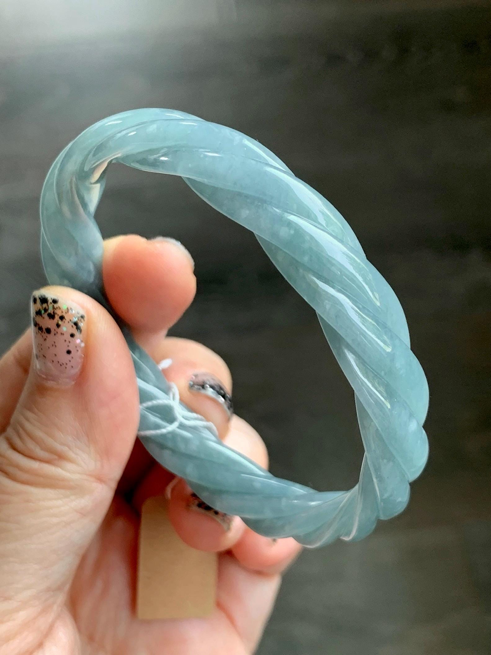 Certified Natural Grade A Guatemalan Icy Translucent Dark Dusty Blue Jade Jadeite Carved Braid Bangle 55.3mm 6.8” 27g 天然冰危暗蓝翡翠麻花手镯 081
