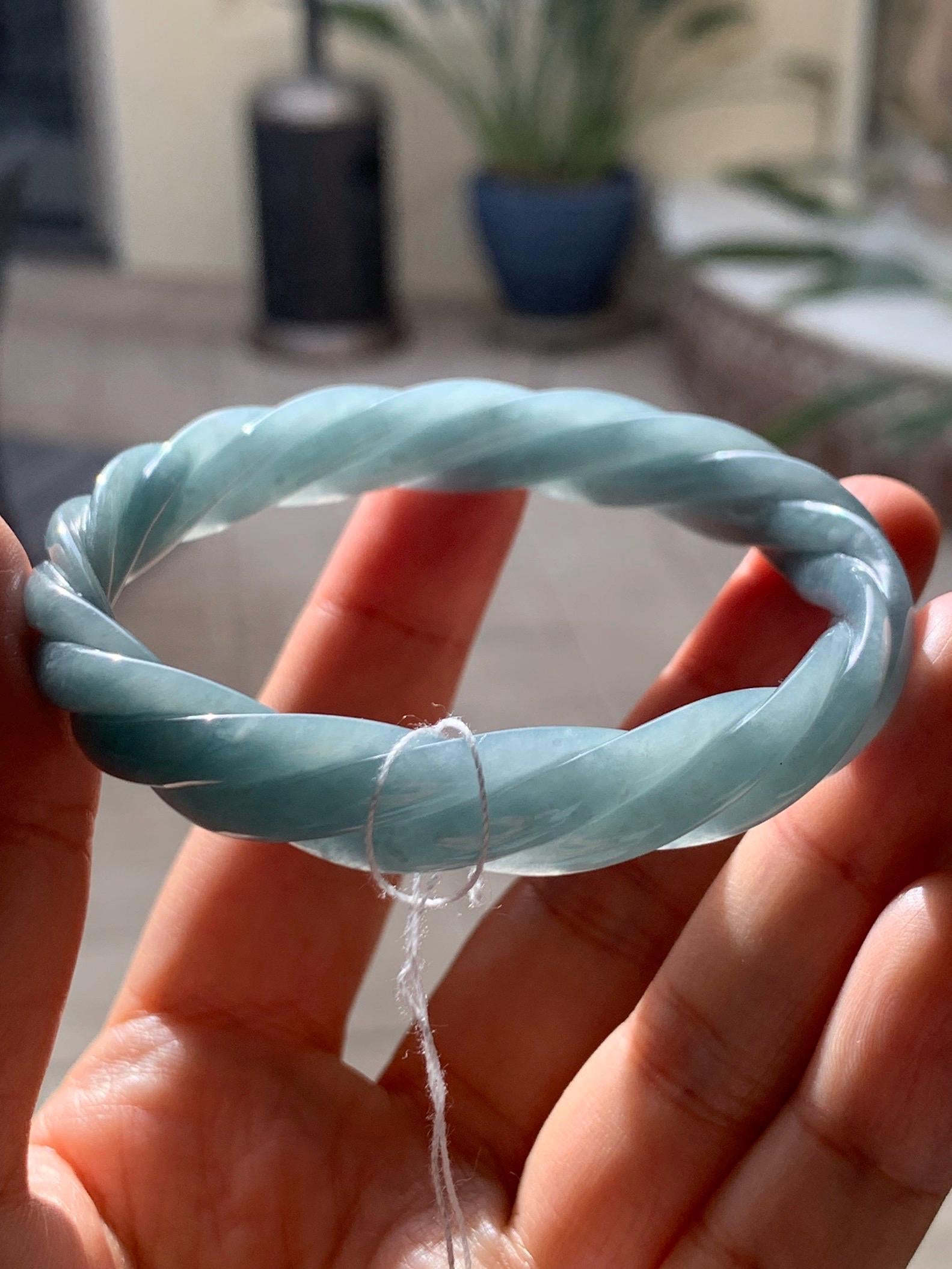 Certified Natural Grade A Guatemalan Icy Translucent Dark Dusty Blue Jade Jadeite Carved Braid Bangle 55.3mm 6.8” 27g 天然冰危暗蓝翡翠麻花手镯 081