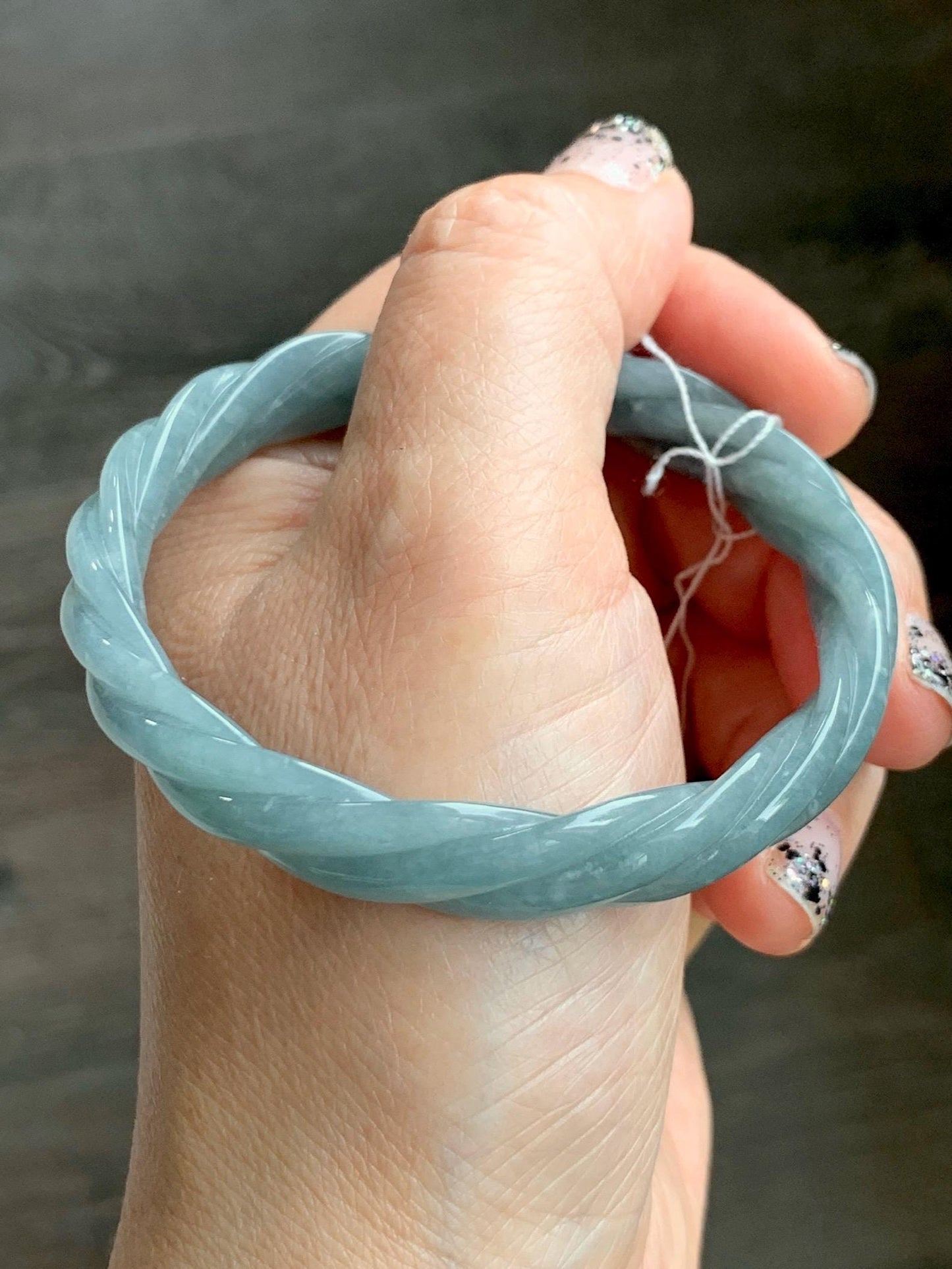 Certified Natural Grade A Guatemalan Icy Translucent Dark Dusty Blue Jade Jadeite Carved Braid Bangle 55.3mm 6.8” 27g 天然冰危暗蓝翡翠麻花手镯 081