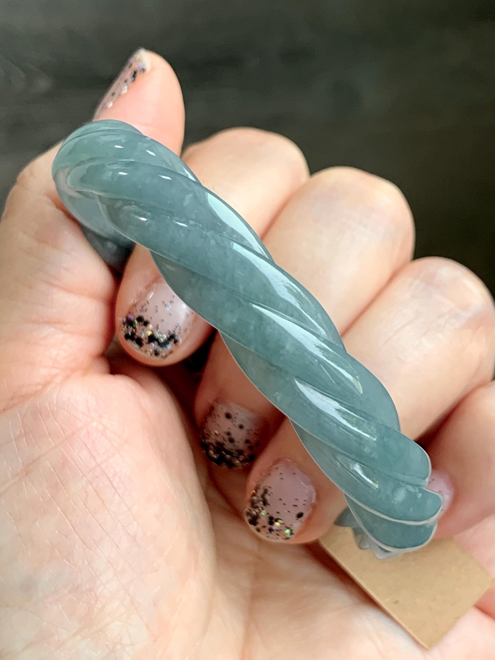 Certified Natural Grade A Guatemalan Icy Translucent Dark Dusty Blue Jade Jadeite Carved Braid Bangle 55.3mm 6.8” 27g 天然冰危暗蓝翡翠麻花手镯 081