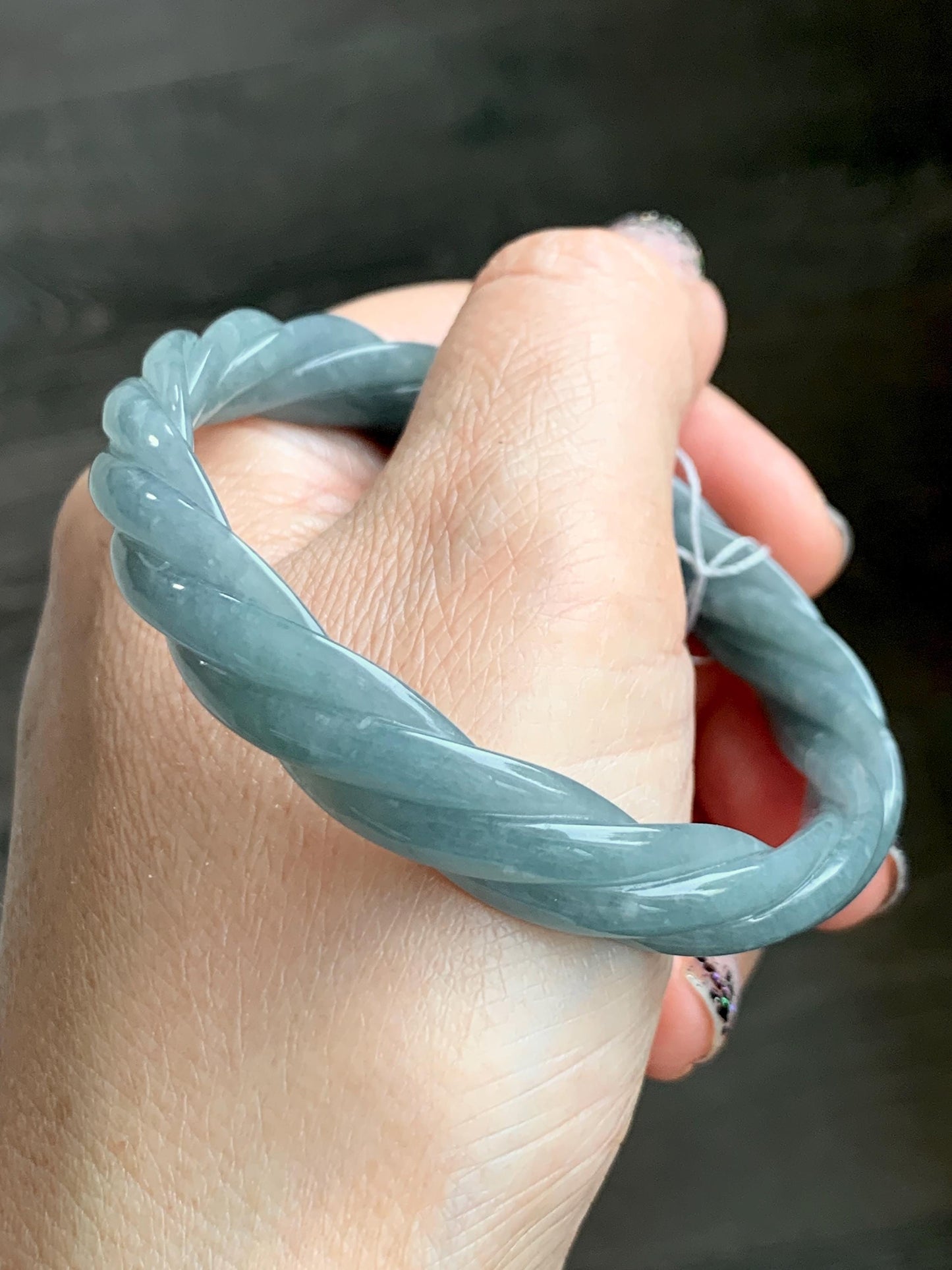 Certified Natural Grade A Guatemalan Icy Translucent Dark Dusty Blue Jade Jadeite Carved Braid Bangle 55.3mm 6.8” 27g 天然冰危暗蓝翡翠麻花手镯 081