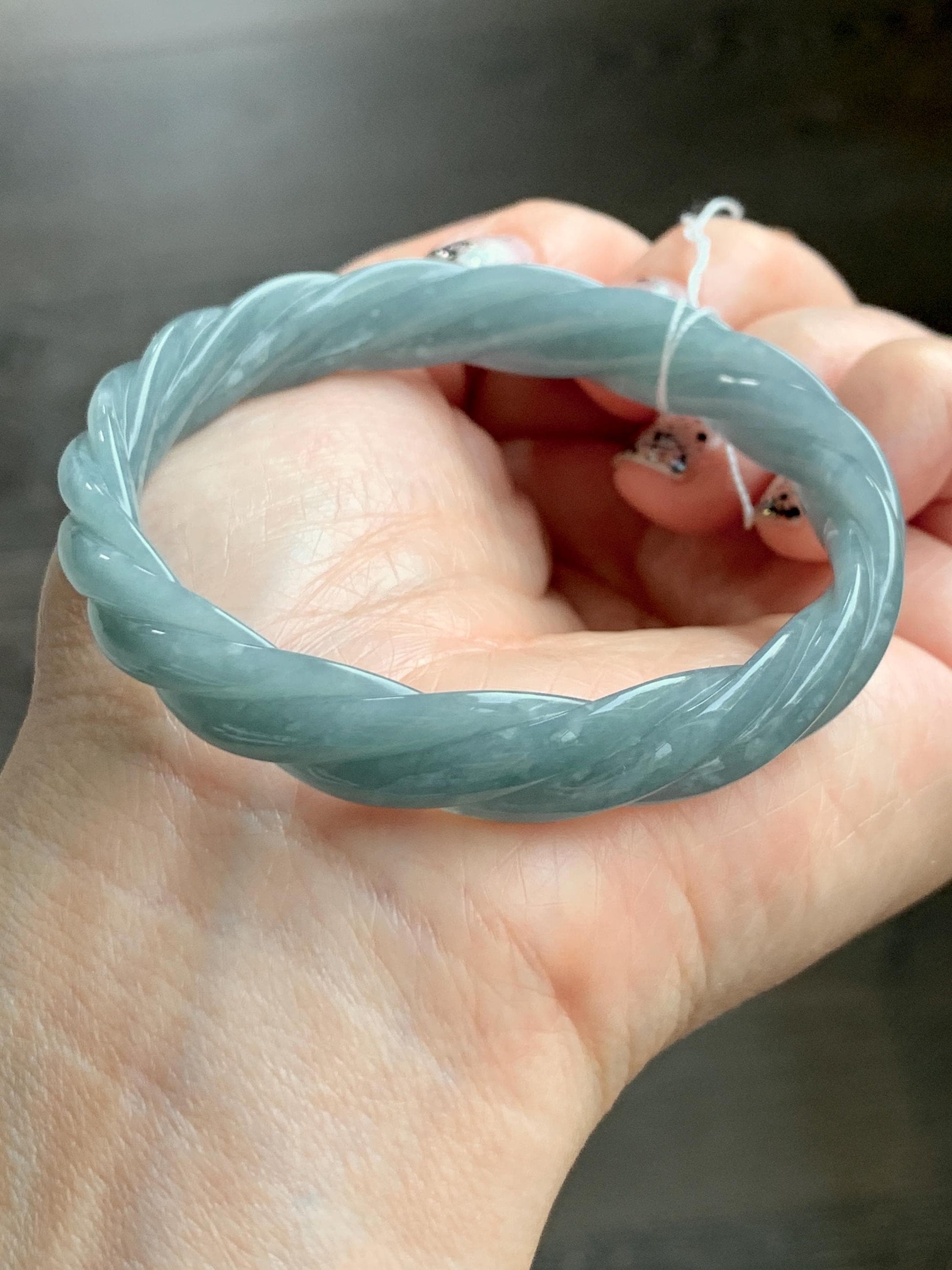 Certified Natural Grade A Guatemalan Icy Translucent Dark Dusty Blue Jade Jadeite Carved Braid Bangle 55.3mm 6.8” 27g 天然冰危暗蓝翡翠麻花手镯 081