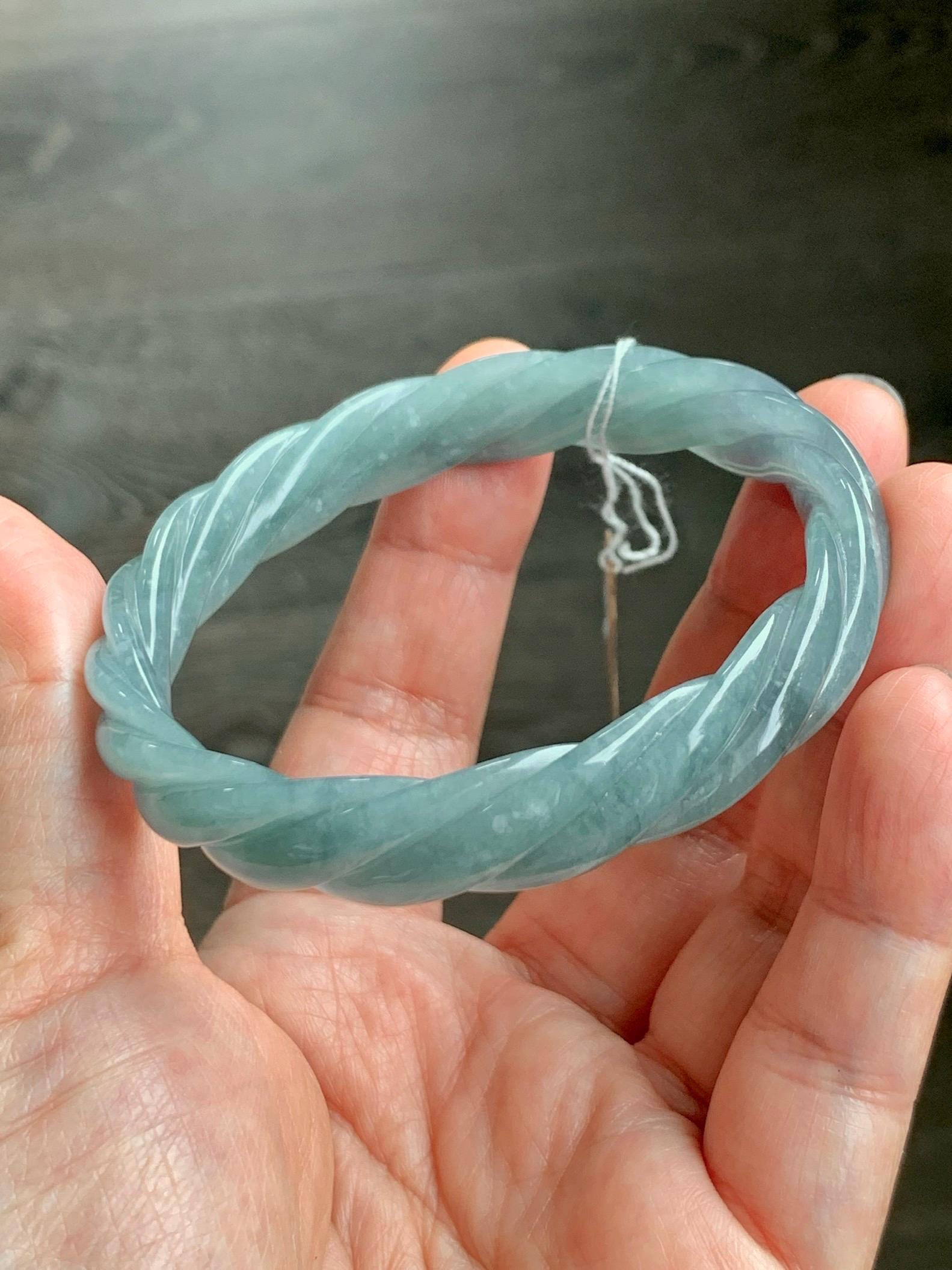 Certified Natural Grade A Guatemalan Icy Translucent Dusty Blue Wuji Jade Jadeite Carved Braid Bangle 57.8mm 7.14” 31g 天然冰危暗蓝乌鸡翡翠麻花手镯 076