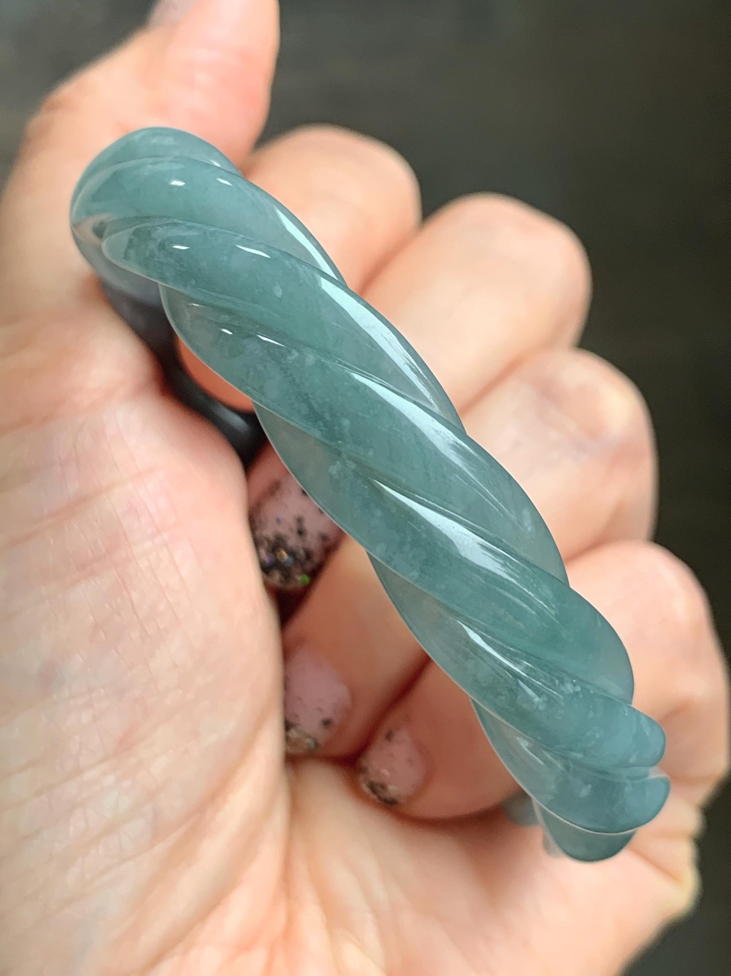Certified Natural Grade A Guatemalan Icy Translucent Dusty Blue Wuji Jade Jadeite Carved Braid Bangle 57.8mm 7.14” 31g 天然冰危暗蓝乌鸡翡翠麻花手镯 076