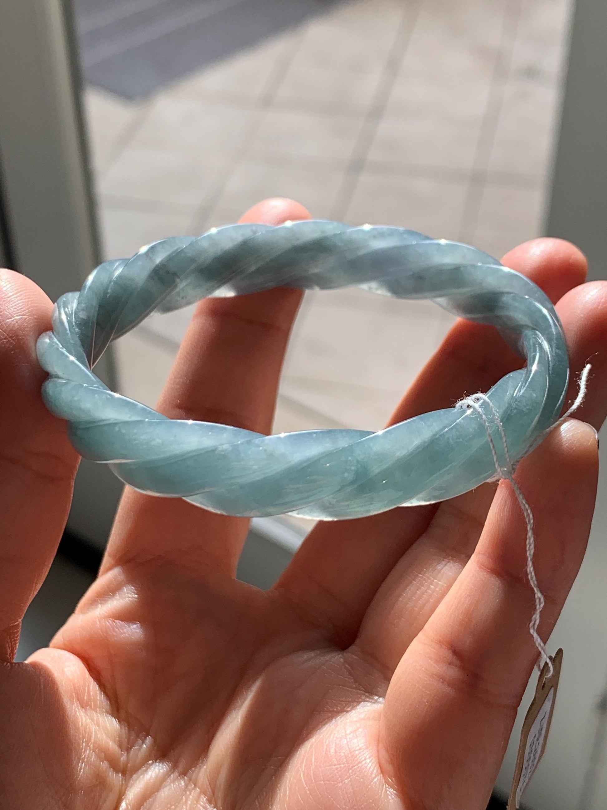 Certified Natural Grade A Guatemalan Icy Translucent Dusty Blue Wuji Jade Jadeite Carved Braid Bangle 57.8mm 7.14” 31g 天然冰危暗蓝乌鸡翡翠麻花手镯 076
