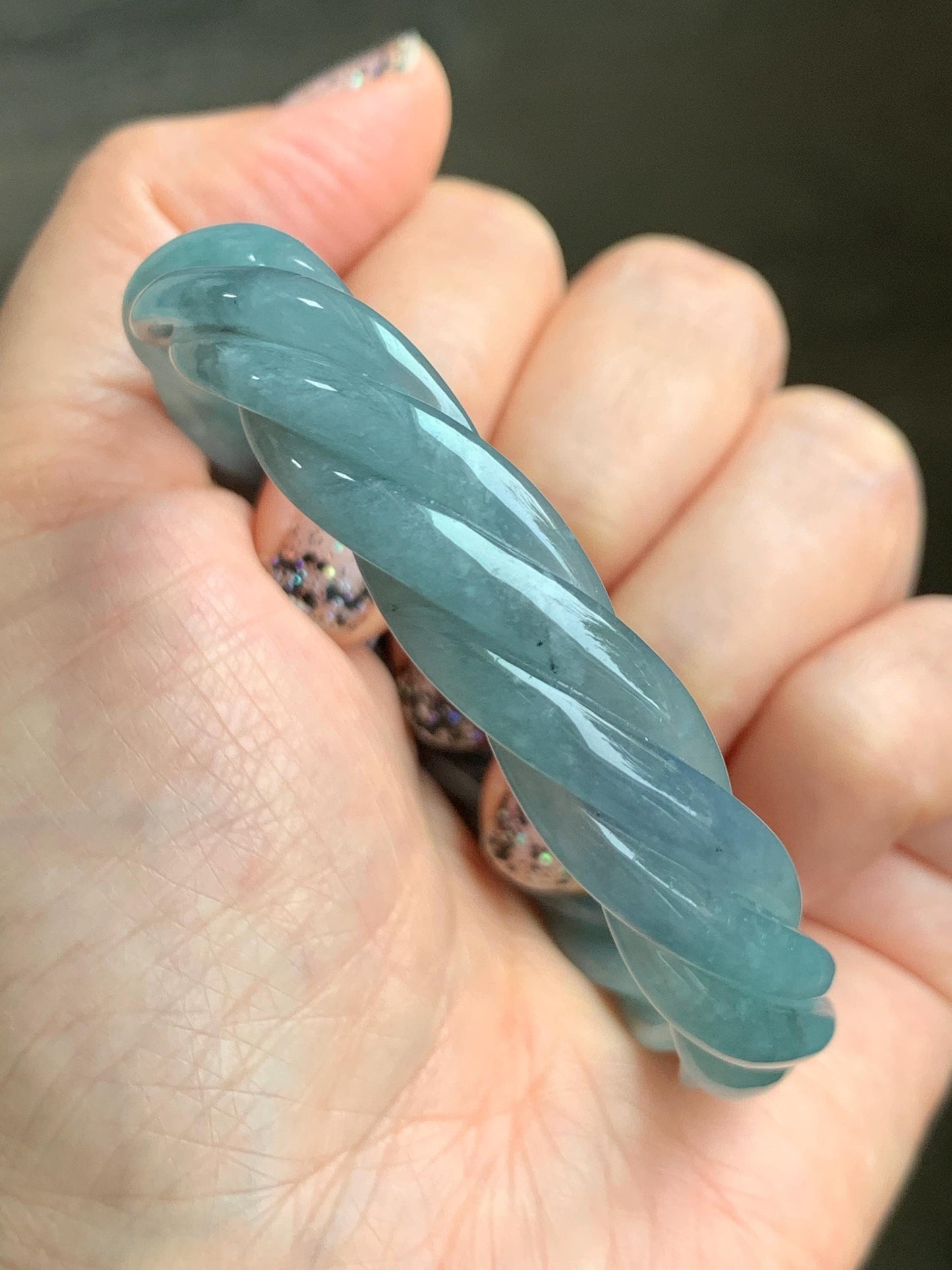 Certified Natural Grade A Guatemalan Icy Translucent Dusty Blue Wuji Jade Jadeite Carved Braid Bangle 57.8mm 7.14” 31g 天然冰危暗蓝乌鸡翡翠麻花手镯 076