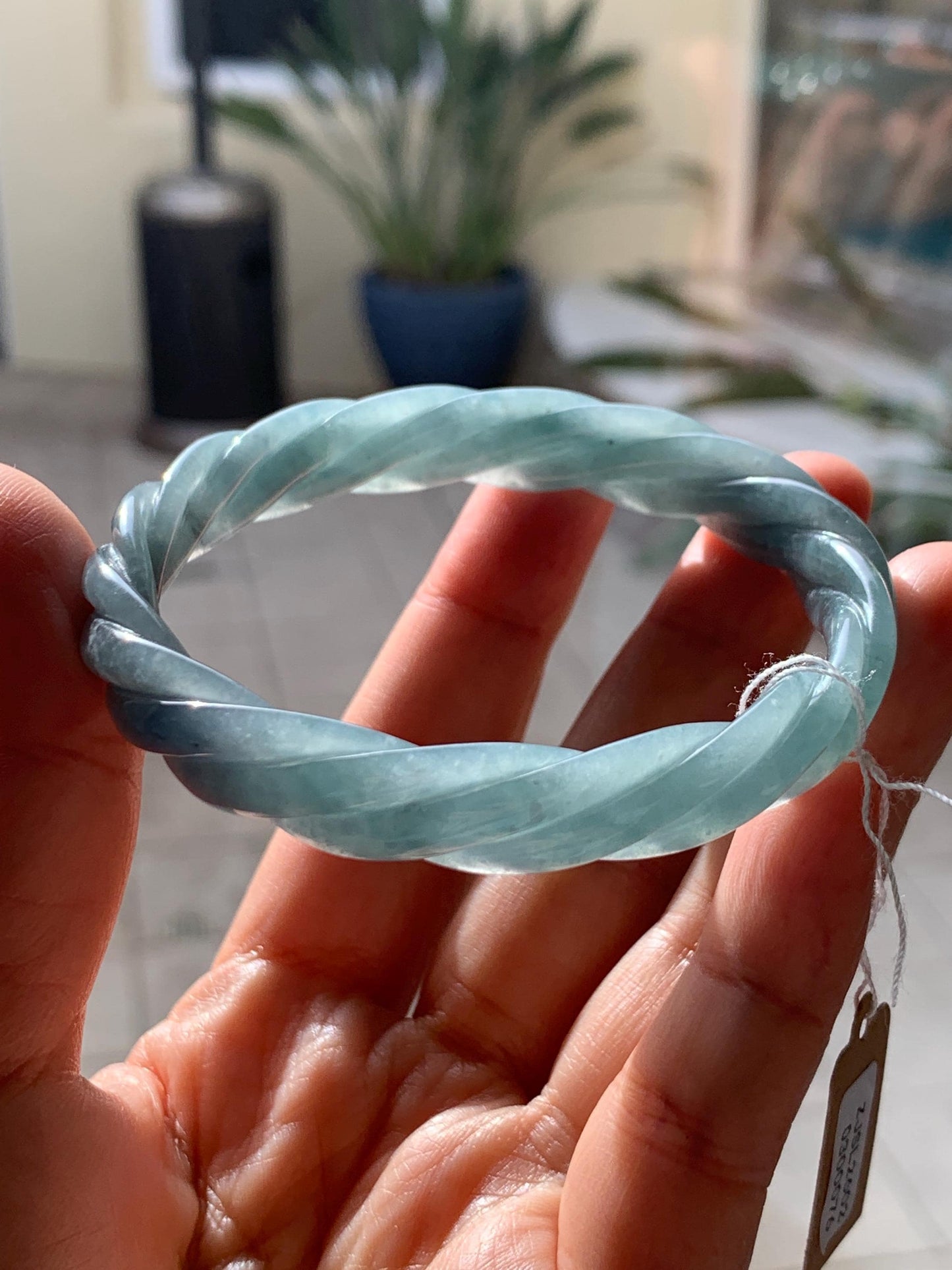 Certified Natural Grade A Guatemalan Icy Translucent Dusty Blue Wuji Jade Jadeite Carved Braid Bangle 57.8mm 7.14” 31g 天然冰危暗蓝乌鸡翡翠麻花手镯 076