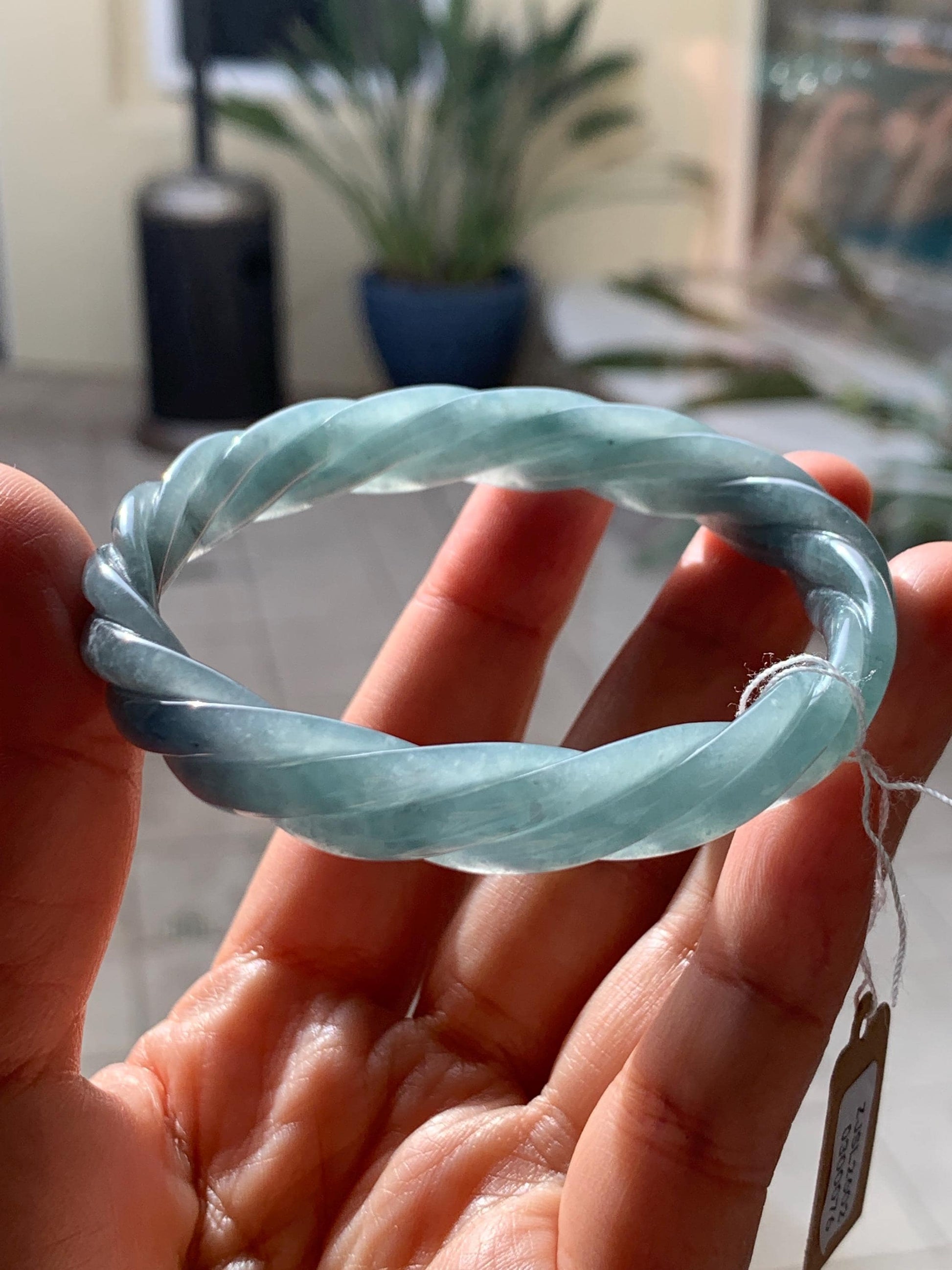 Certified Natural Grade A Guatemalan Icy Translucent Dusty Blue Wuji Jade Jadeite Carved Braid Bangle 57.8mm 7.14” 31g 天然冰危暗蓝乌鸡翡翠麻花手镯 076