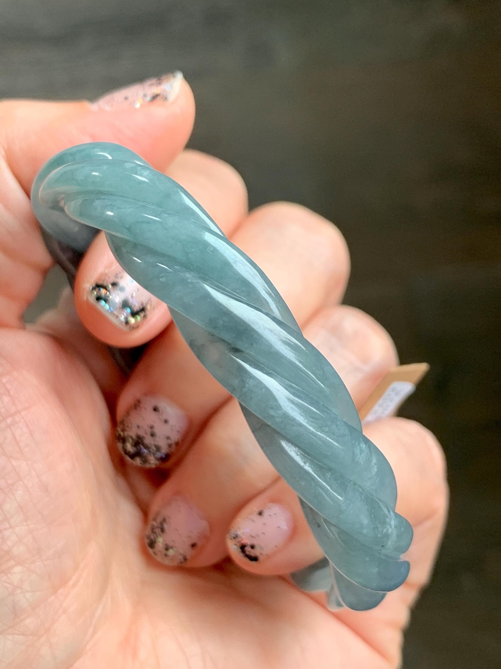 Certified Natural Grade A Guatemalan Icy Translucent Dusty Blue Wuji Jade Jadeite Carved Braid Bangle 57.8mm 7.14” 31g 天然冰危暗蓝乌鸡翡翠麻花手镯 076