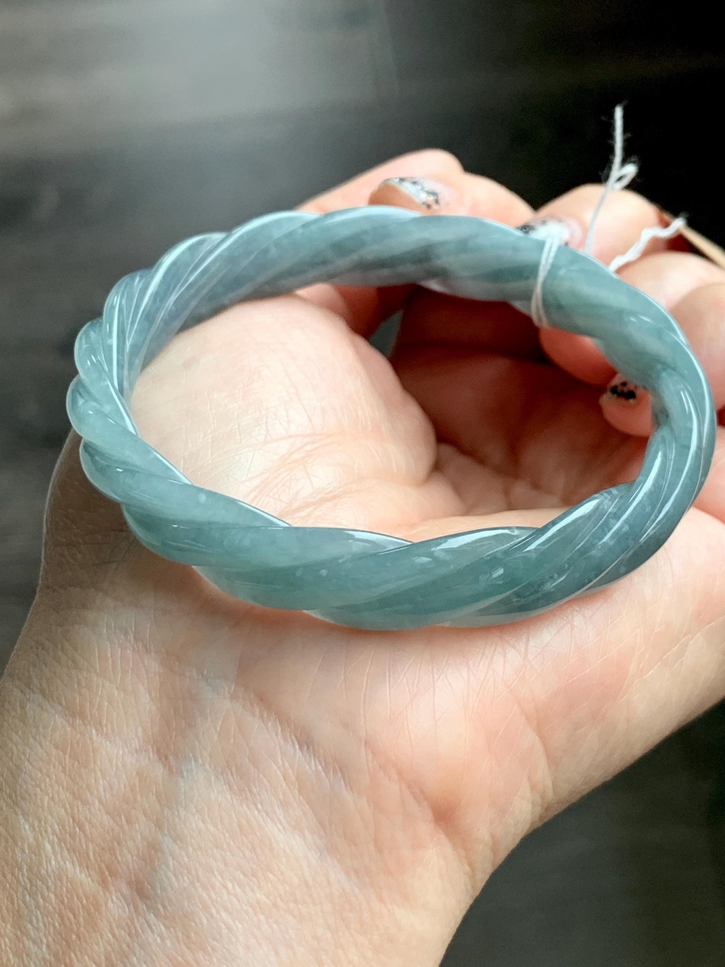 Certified Natural Grade A Guatemalan Icy Translucent Dusty Blue Wuji Jade Jadeite Carved Braid Bangle 57.8mm 7.14” 31g 天然冰危暗蓝乌鸡翡翠麻花手镯 076
