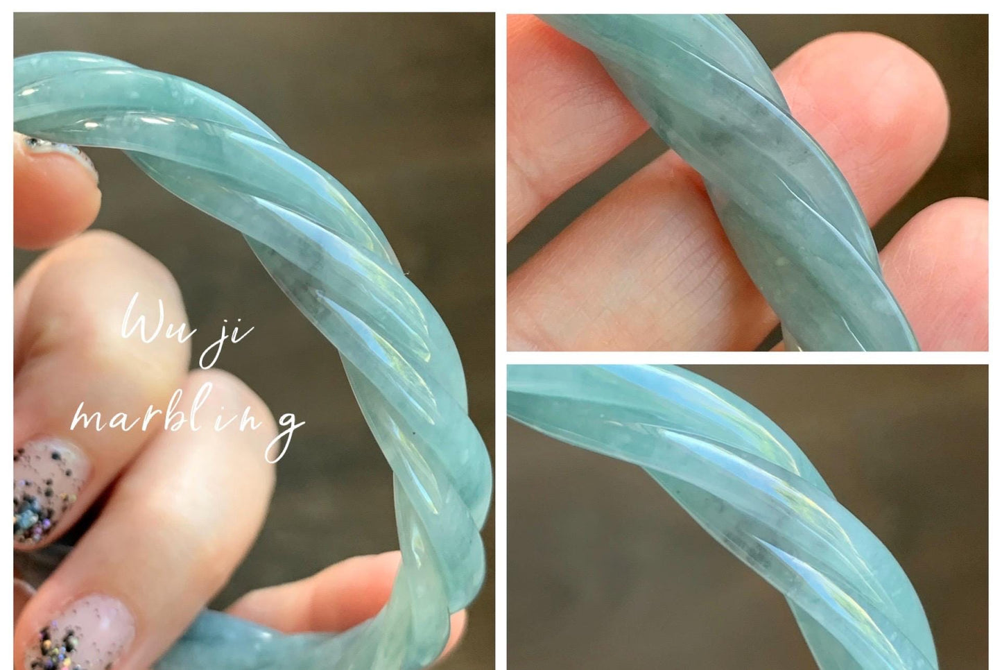 Certified Natural Grade A Guatemalan Icy Translucent Dusty Blue Wuji Jade Jadeite Carved Braid Bangle 60mm 7.4” 31g 天然冰危暗蓝乌鸡翡翠麻花手镯 085