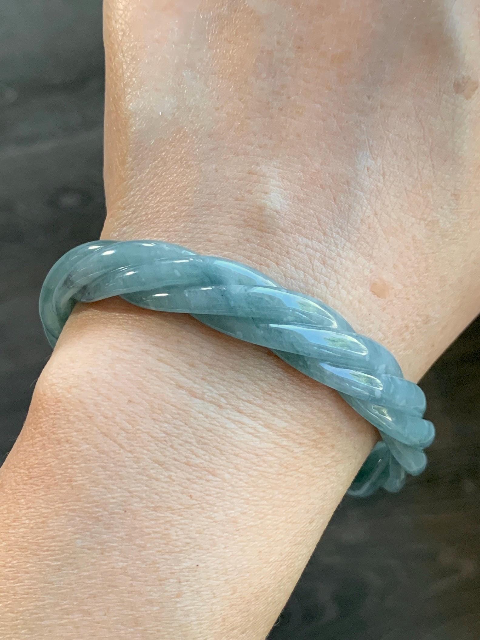Certified Natural Grade A Guatemalan Icy Translucent Dusty Blue Wuji Jade Jadeite Carved Braid Bangle 60mm 7.4” 31g 天然冰危暗蓝乌鸡翡翠麻花手镯 085
