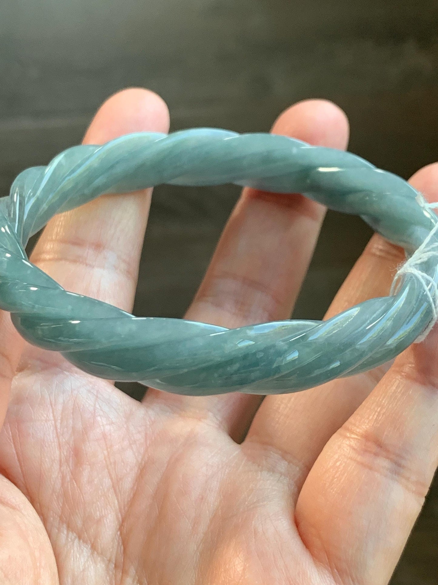 Certified Natural Grade A Guatemalan Icy Translucent Dusty Blue Wuji Jade Jadeite Carved Braid Bangle 60mm 7.4” 31g 天然冰危暗蓝乌鸡翡翠麻花手镯 085