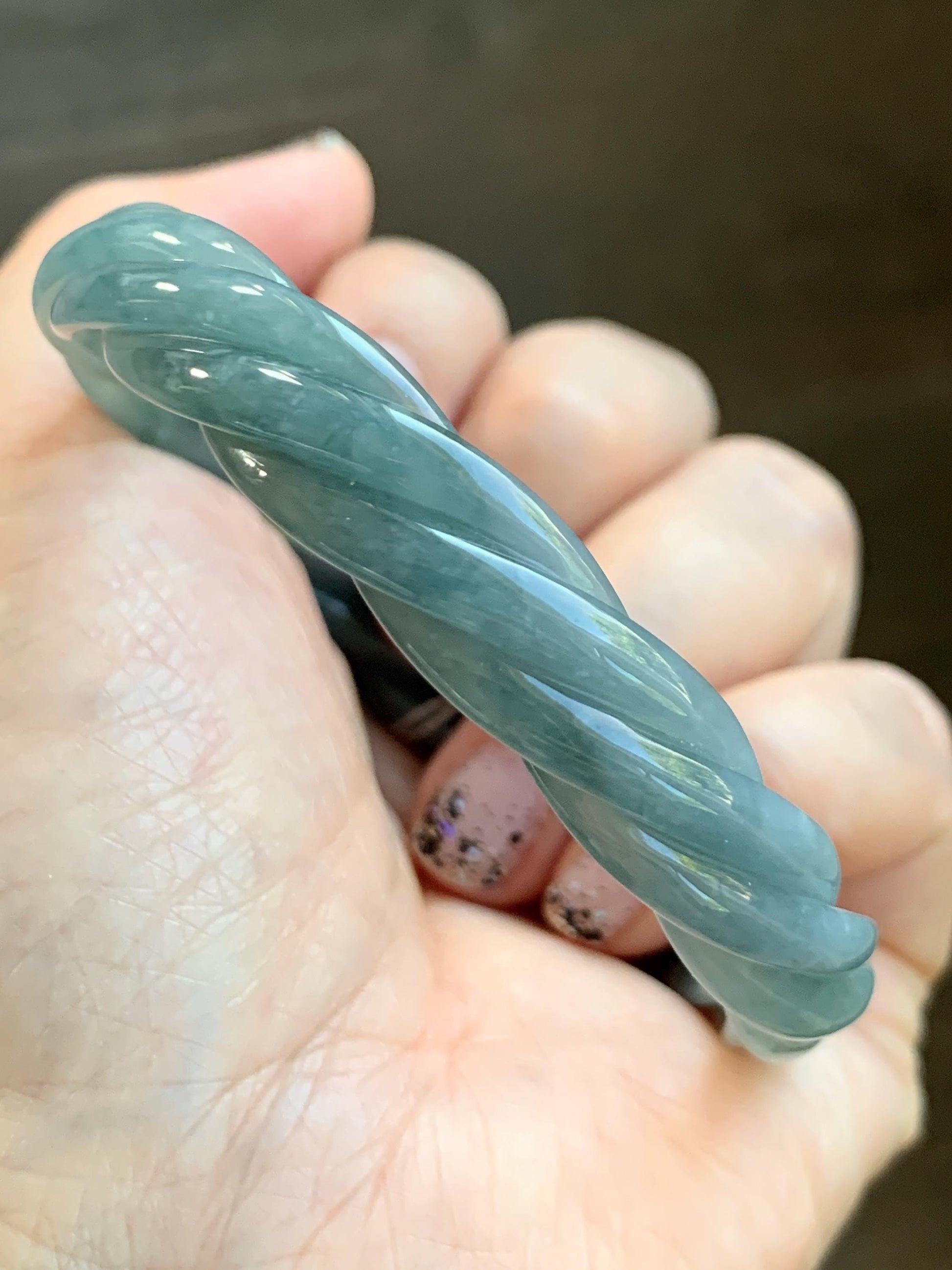 Certified Natural Grade A Guatemalan Icy Translucent Dusty Blue Wuji Jade Jadeite Carved Braid Bangle 60mm 7.4” 31g 天然冰危暗蓝乌鸡翡翠麻花手镯 085