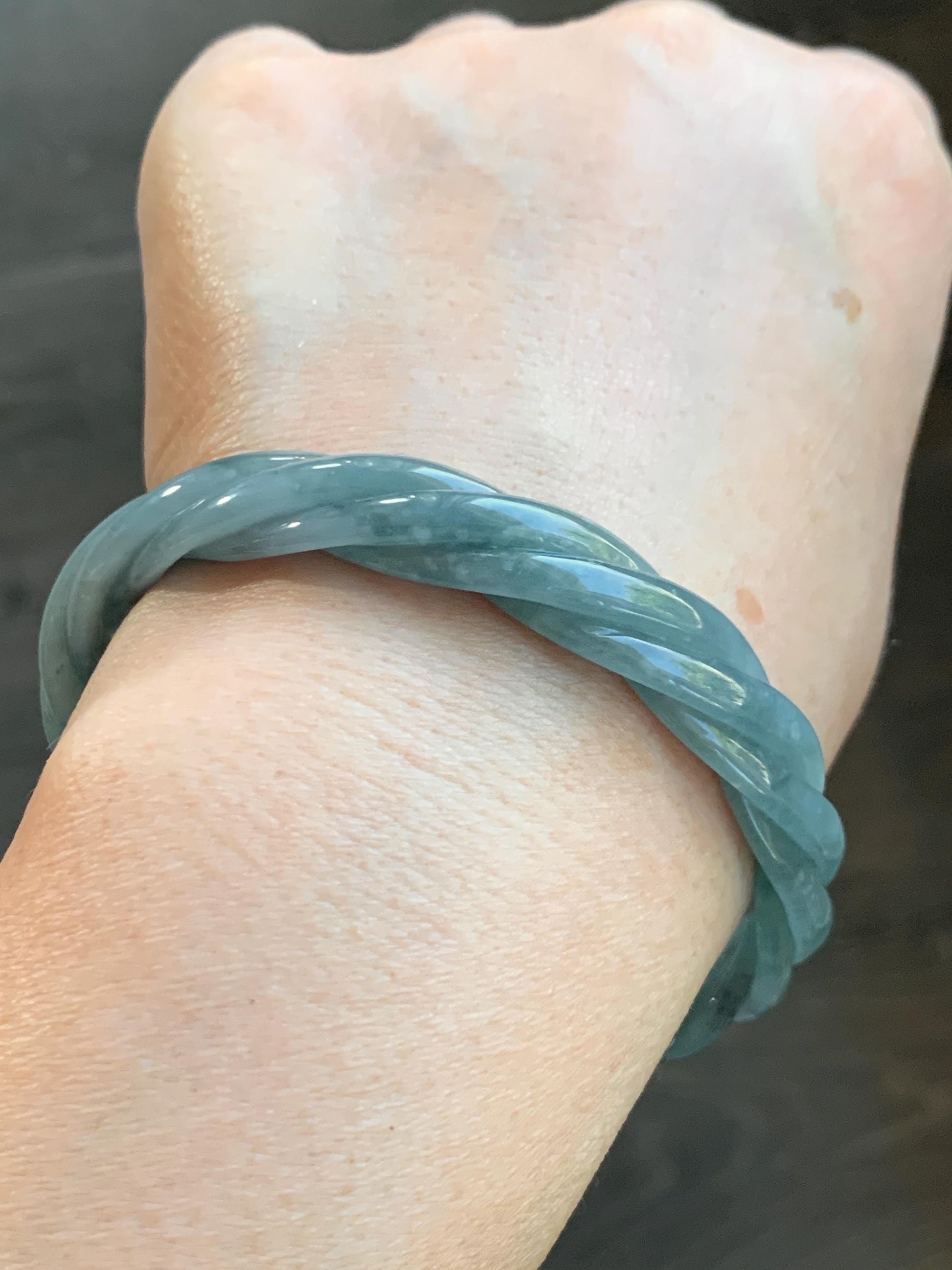 Certified Natural Grade A Guatemalan Icy Translucent Dusty Blue Wuji Jade Jadeite Carved Braid Bangle 60mm 7.4” 31g 天然冰危暗蓝乌鸡翡翠麻花手镯 085
