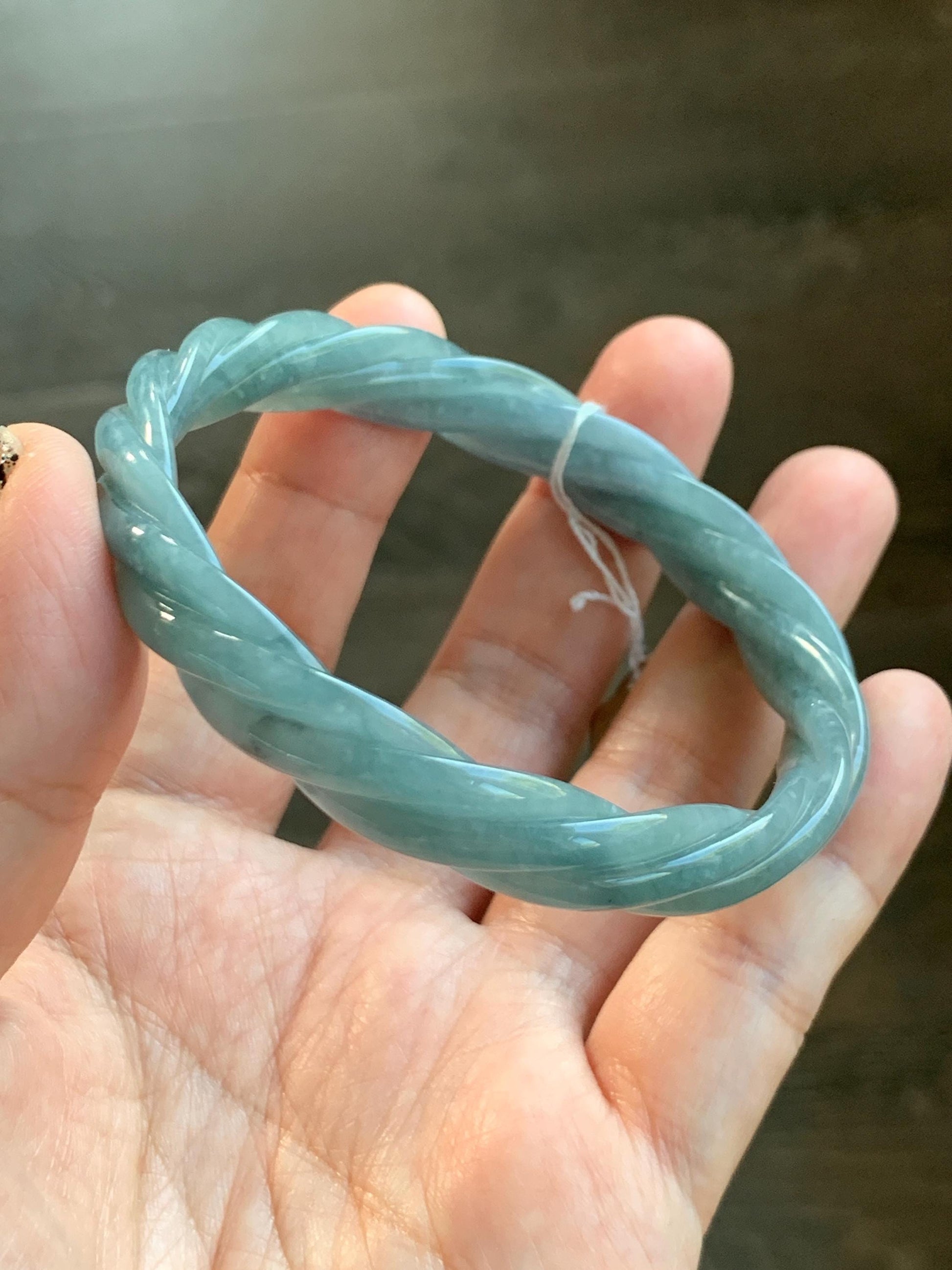 Certified Natural Grade A Guatemalan Icy Translucent Dusty Blue Wuji Jade Jadeite Carved Braid Bangle 60mm 7.4” 31g 天然冰危暗蓝乌鸡翡翠麻花手镯 085