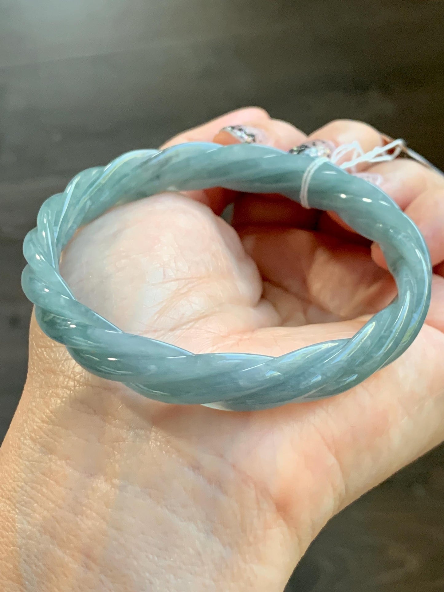 Certified Natural Grade A Guatemalan Icy Translucent Dusty Blue Wuji Jade Jadeite Carved Braid Bangle 60mm 7.4” 31g 天然冰危暗蓝乌鸡翡翠麻花手镯 085