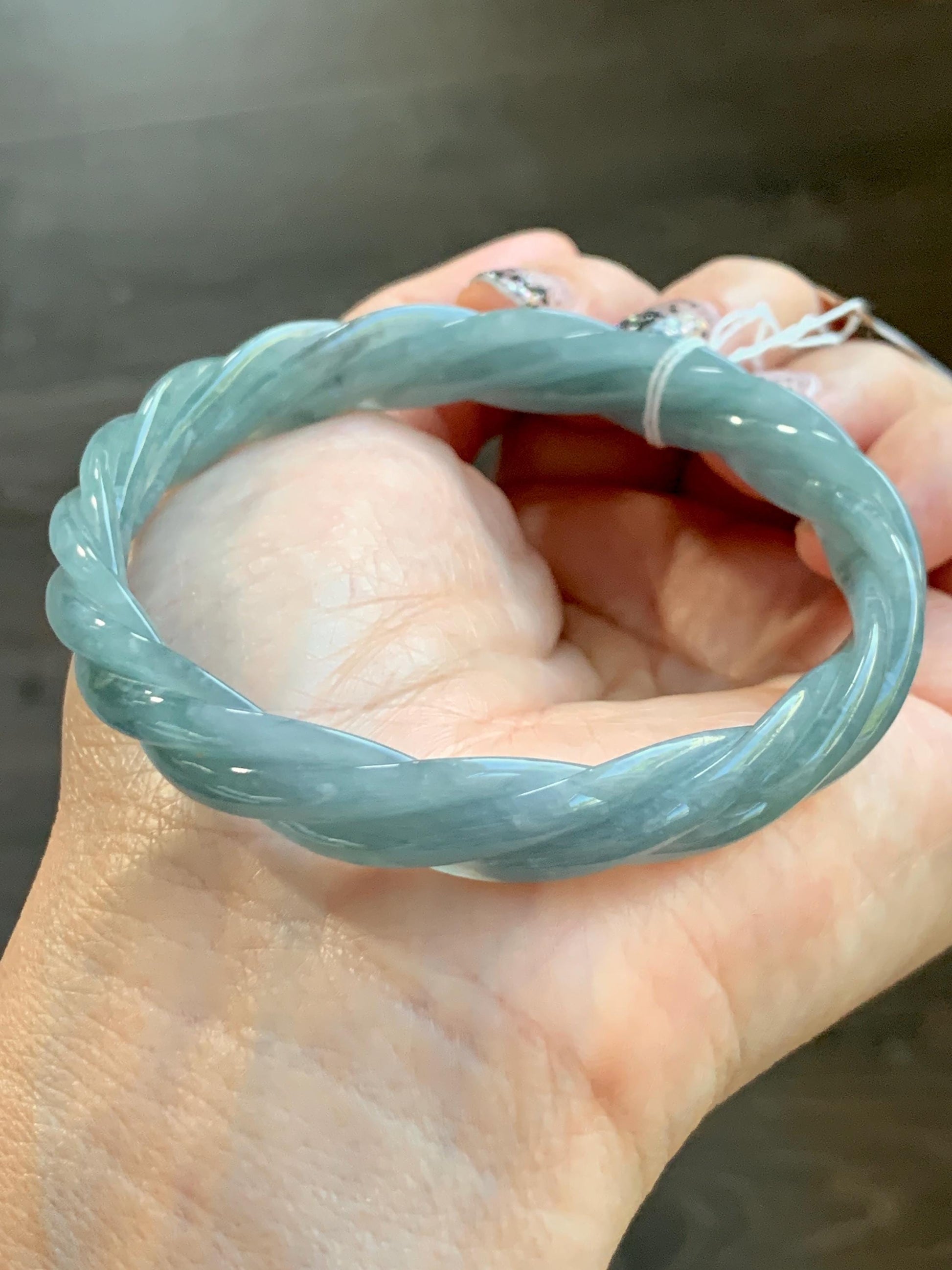 Certified Natural Grade A Guatemalan Icy Translucent Dusty Blue Wuji Jade Jadeite Carved Braid Bangle 60mm 7.4” 31g 天然冰危暗蓝乌鸡翡翠麻花手镯 085