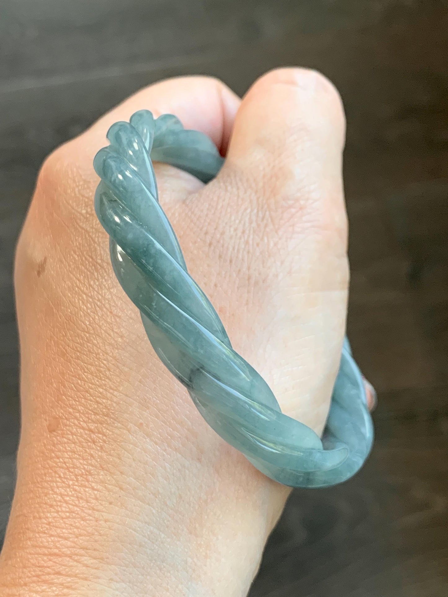 Certified Natural Grade A Guatemalan Icy Translucent Dusty Blue Wuji Jade Jadeite Carved Braid Bangle 60mm 7.4” 31g 天然冰危暗蓝乌鸡翡翠麻花手镯 085