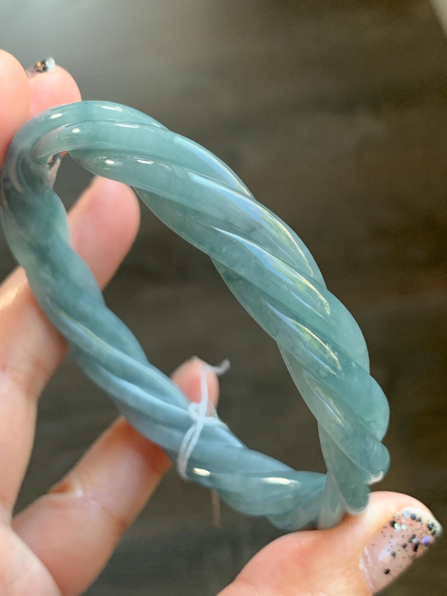 Certified Natural Grade A Guatemalan Icy Translucent Dusty Blue Wuji Jade Jadeite Carved Braid Bangle 60mm 7.4” 31g 天然冰危暗蓝乌鸡翡翠麻花手镯 085