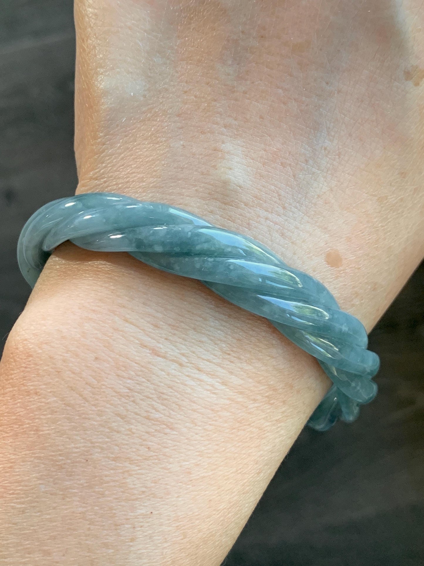Certified Natural Grade A Guatemalan Icy Translucent Dusty Blue Wuji Jade Jadeite Carved Braid Bangle 60mm 7.4” 31g 天然冰危暗蓝乌鸡翡翠麻花手镯 085