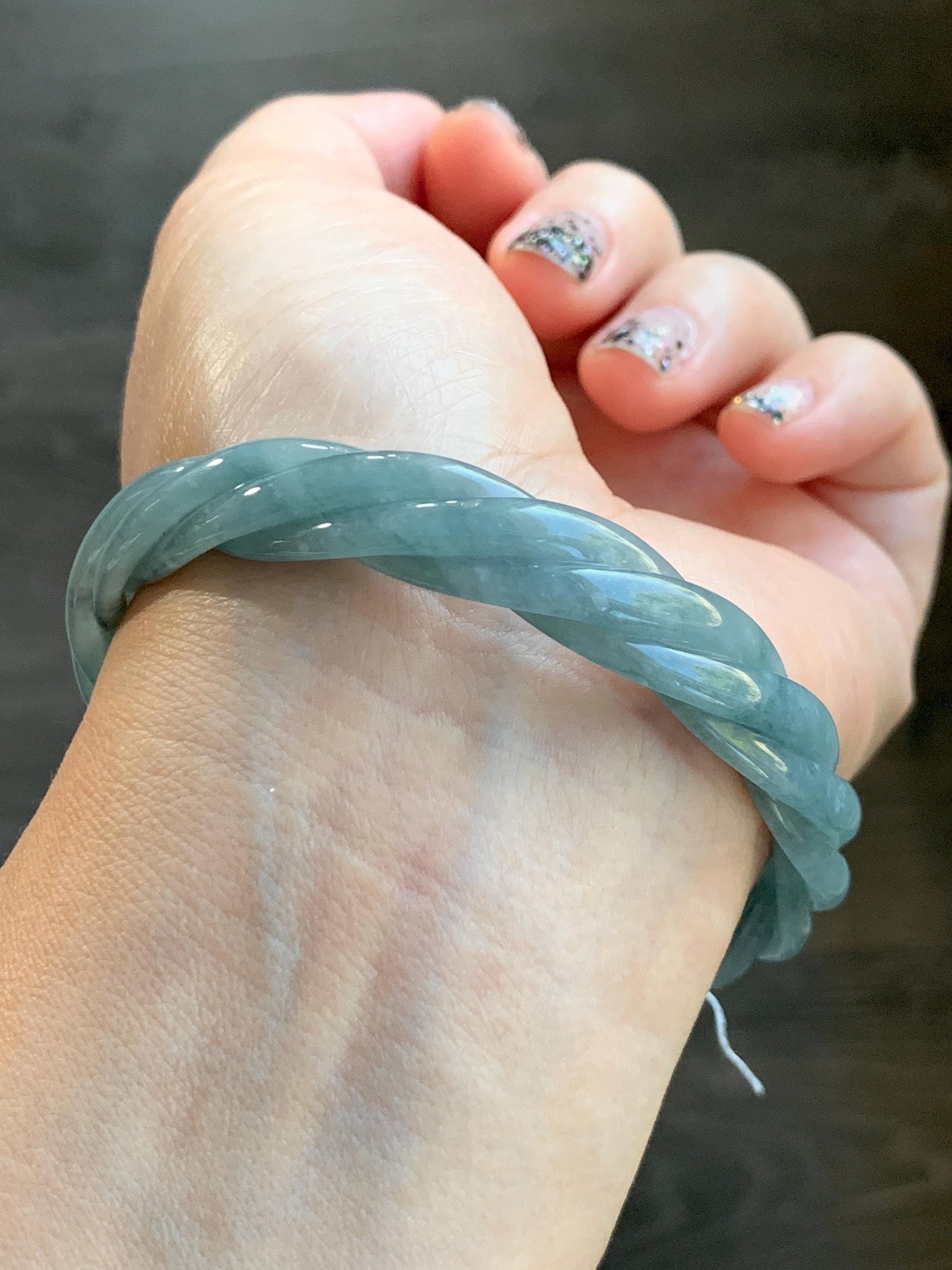 Certified Natural Grade A Guatemalan Icy Translucent Dusty Blue Wuji Jade Jadeite Carved Braid Bangle 60mm 7.4” 31g 天然冰危暗蓝乌鸡翡翠麻花手镯 085