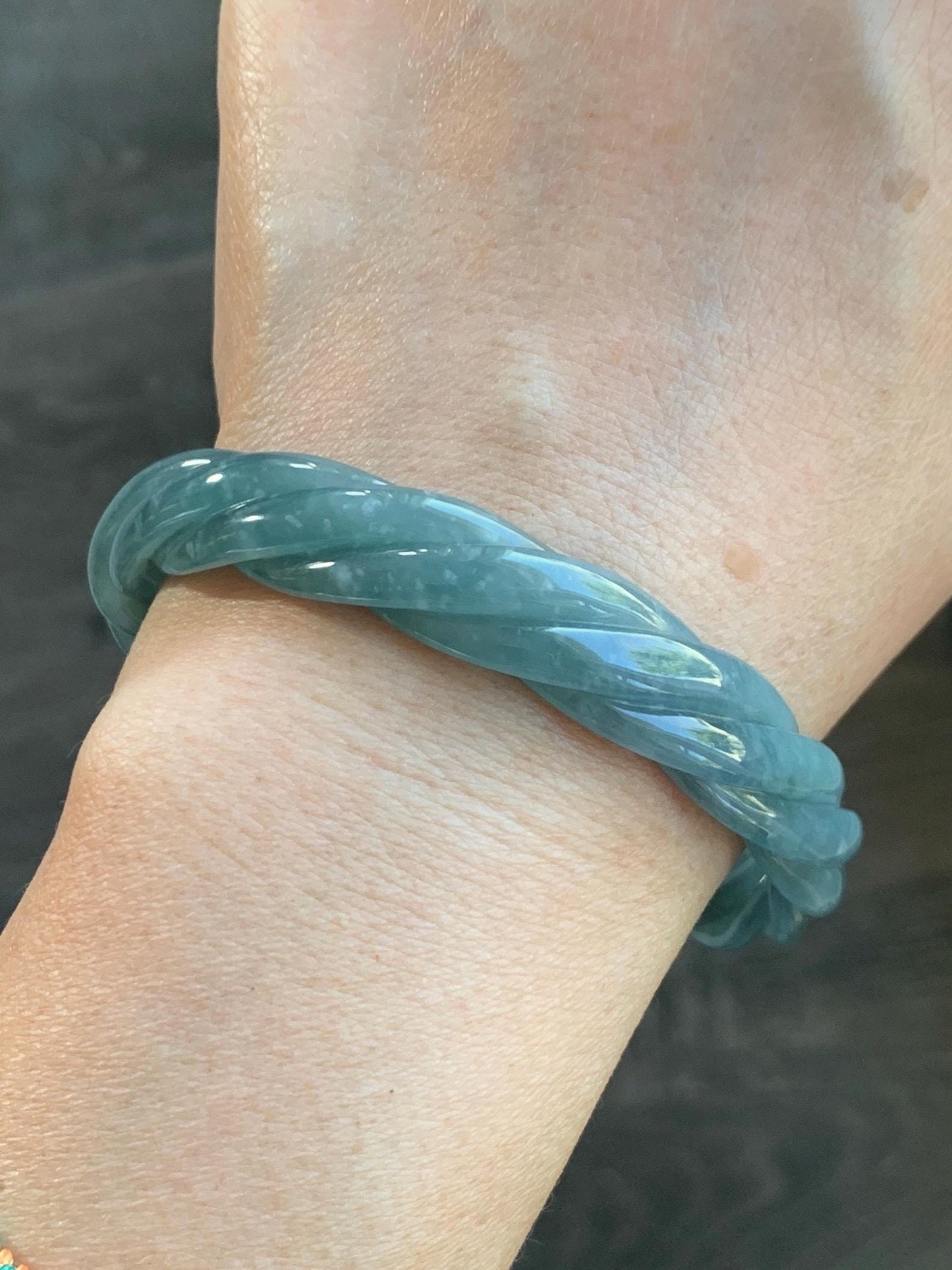 Certified Natural Grade A Guatemalan Icy Translucent Dusty Blue Wuji Jade Jadeite Carved Braid Bangle 61.6mm 7.6” 38g 天然冰危暗蓝乌鸡翡翠麻花手镯 086
