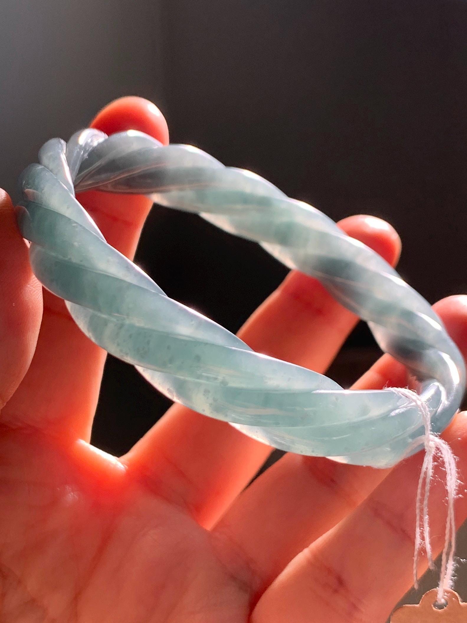 Certified Natural Grade A Guatemalan Icy Translucent Dusty Blue Wuji Jade Jadeite Carved Braid Bangle 61.6mm 7.6” 38g 天然冰危暗蓝乌鸡翡翠麻花手镯 086