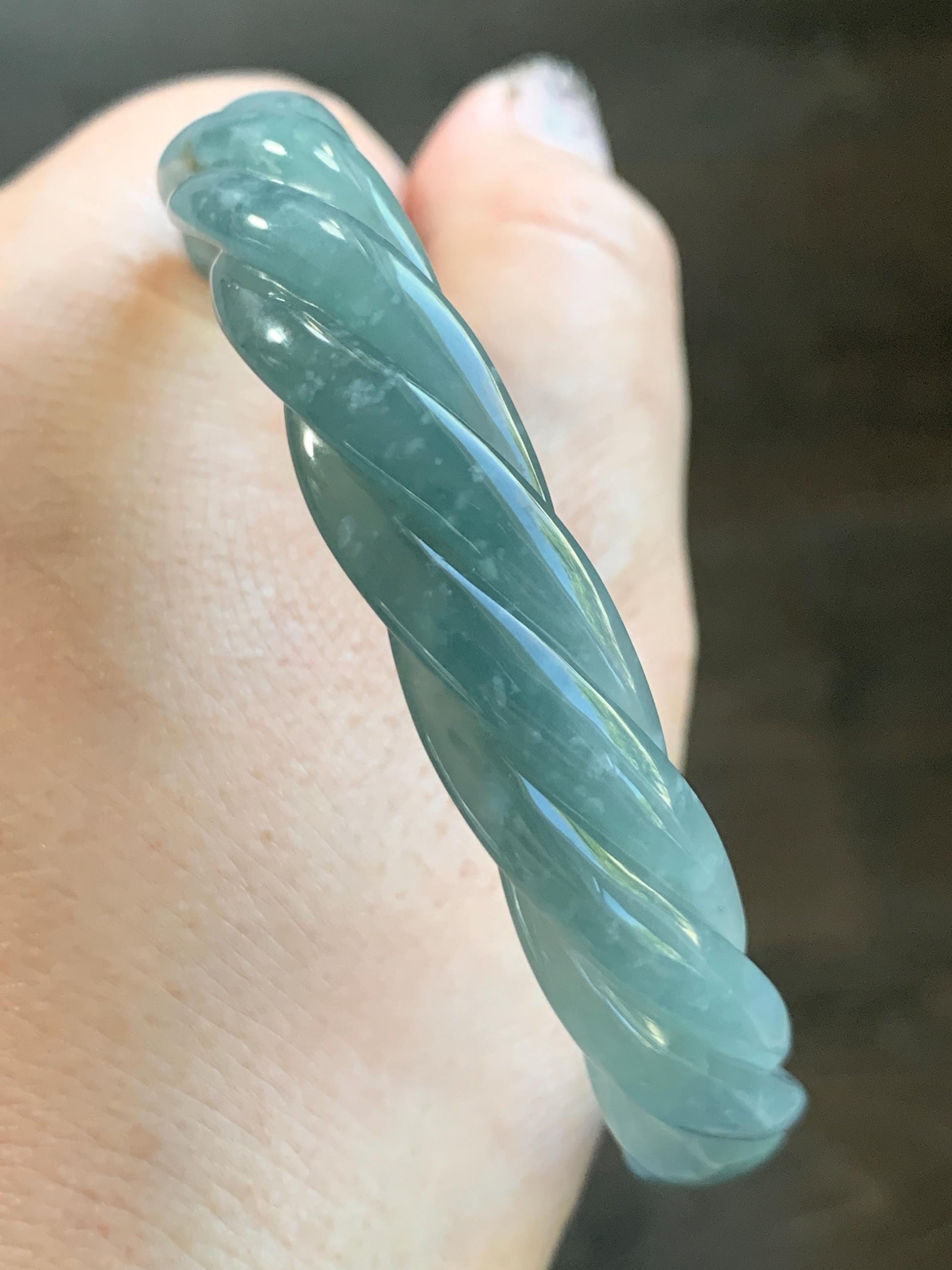 Certified Natural Grade A Guatemalan Icy Translucent Dusty Blue Wuji Jade Jadeite Carved Braid Bangle 61.6mm 7.6” 38g 天然冰危暗蓝乌鸡翡翠麻花手镯 086