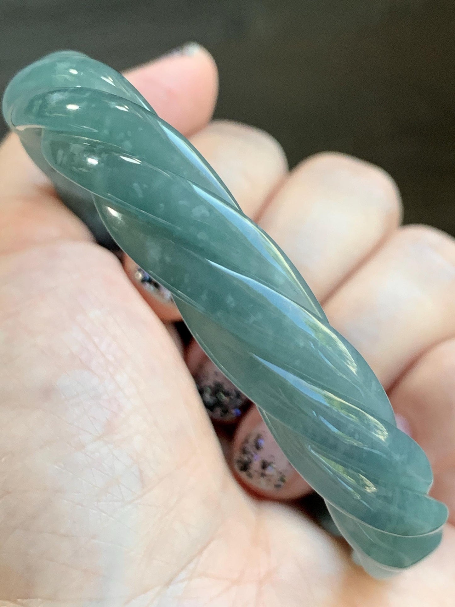Certified Natural Grade A Guatemalan Icy Translucent Dusty Blue Wuji Jade Jadeite Carved Braid Bangle 61.6mm 7.6” 38g 天然冰危暗蓝乌鸡翡翠麻花手镯 086