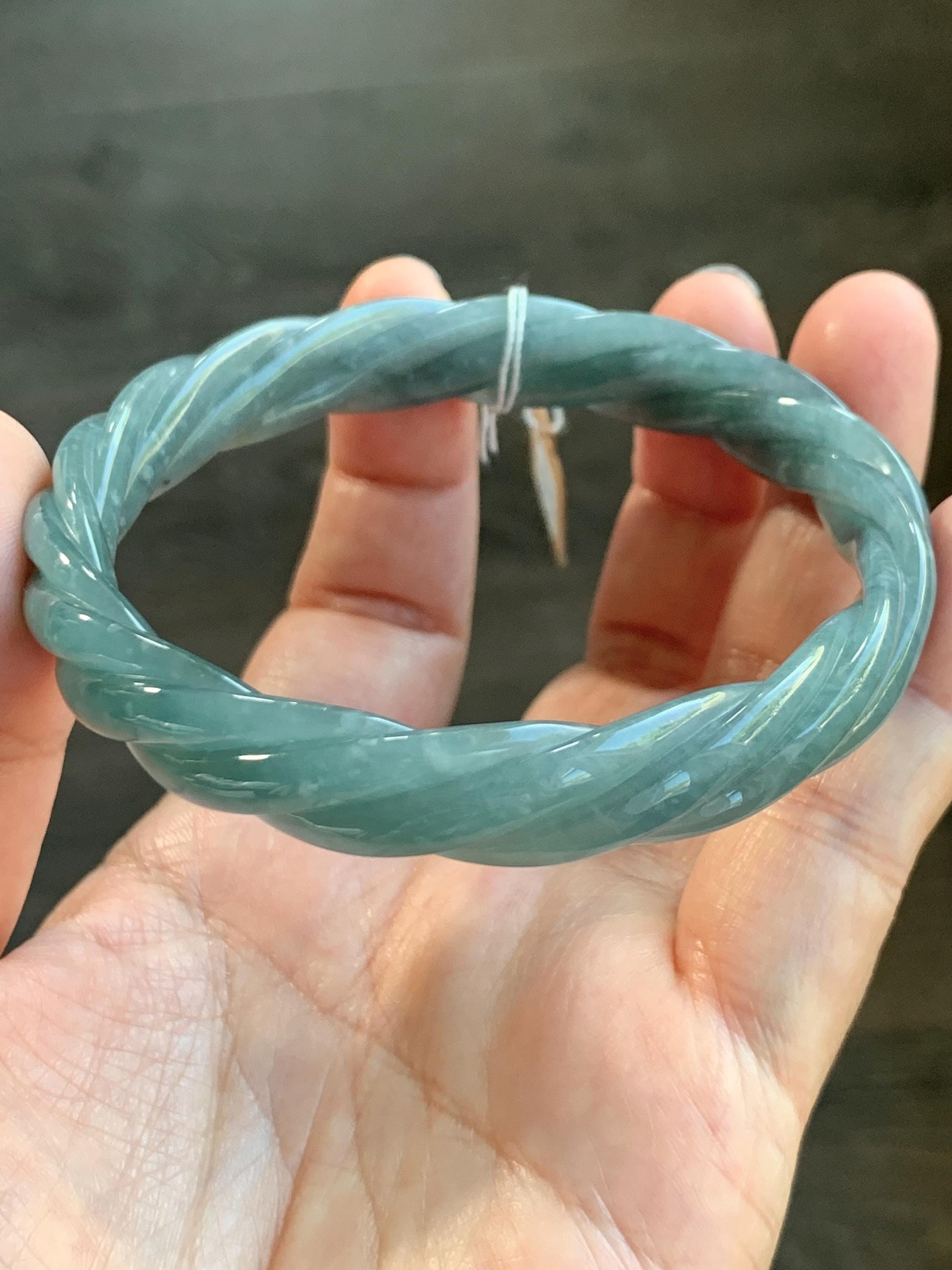 Certified Natural Grade A Guatemalan Icy Translucent Dusty Blue Wuji Jade Jadeite Carved Braid Bangle 61.6mm 7.6” 38g 天然冰危暗蓝乌鸡翡翠麻花手镯 086