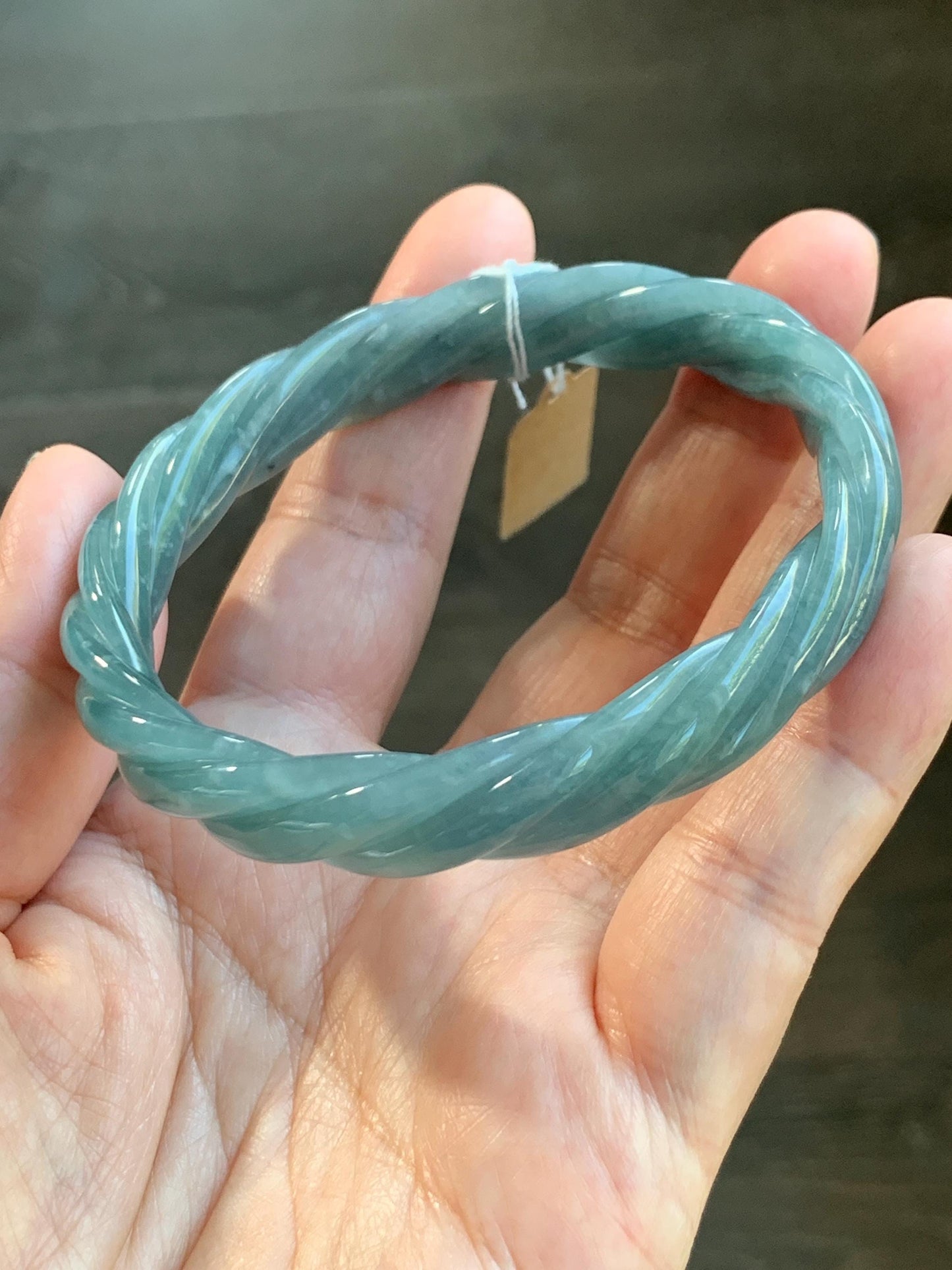 Certified Natural Grade A Guatemalan Icy Translucent Dusty Blue Wuji Jade Jadeite Carved Braid Bangle 61.6mm 7.6” 38g 天然冰危暗蓝乌鸡翡翠麻花手镯 086