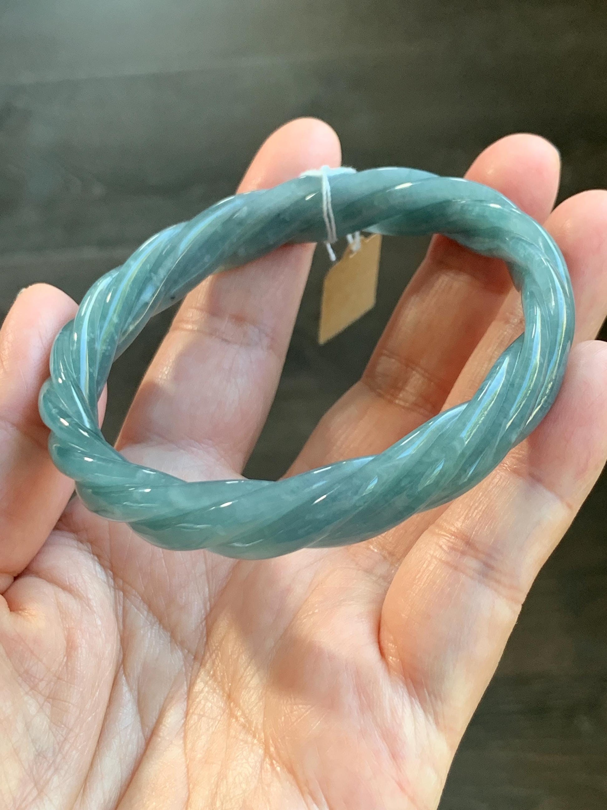Certified Natural Grade A Guatemalan Icy Translucent Dusty Blue Wuji Jade Jadeite Carved Braid Bangle 61.6mm 7.6” 38g 天然冰危暗蓝乌鸡翡翠麻花手镯 086