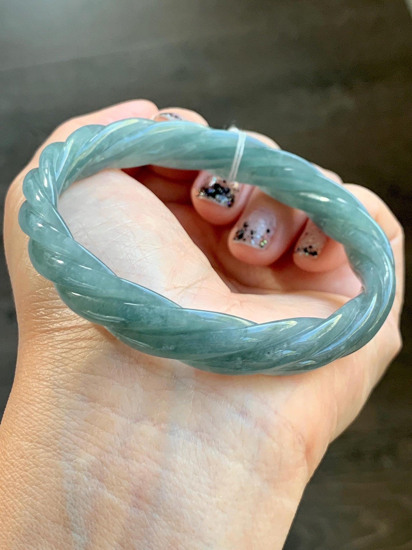 Certified Natural Grade A Guatemalan Icy Translucent Dusty Blue Wuji Jade Jadeite Carved Braid Bangle 61.6mm 7.6” 38g 天然冰危暗蓝乌鸡翡翠麻花手镯 086