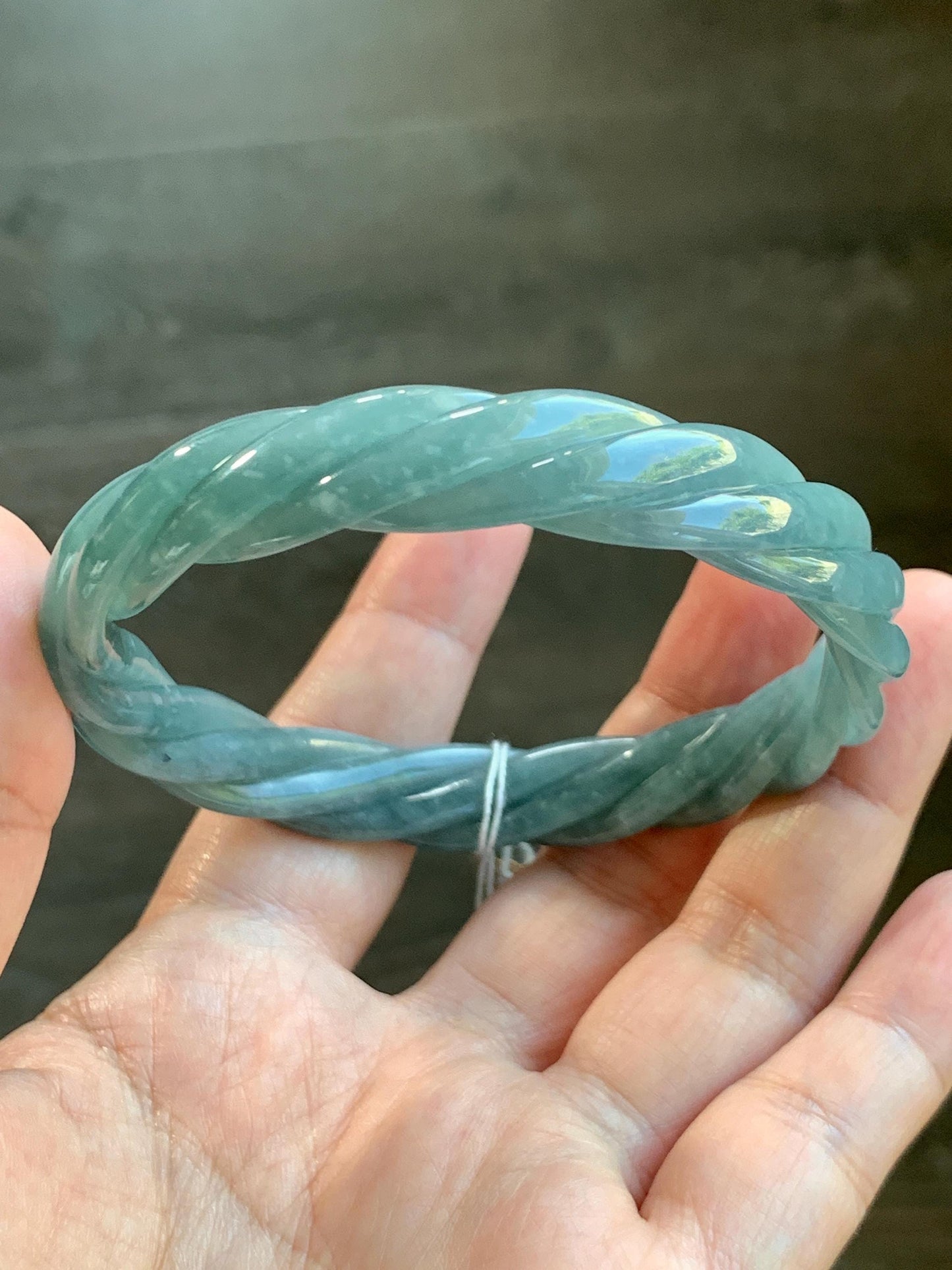 Certified Natural Grade A Guatemalan Icy Translucent Dusty Blue Wuji Jade Jadeite Carved Braid Bangle 61.6mm 7.6” 38g 天然冰危暗蓝乌鸡翡翠麻花手镯 086