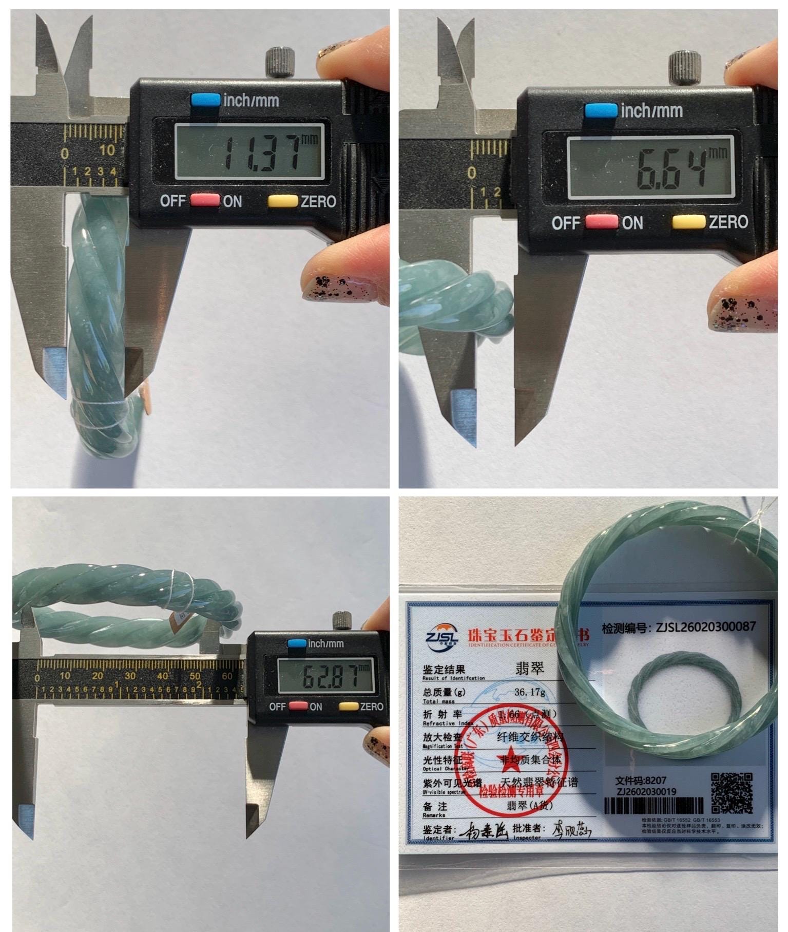 Certified Natural Grade A Guatemalan Icy Translucent Dark Dusty Blue Jade Jadeite Carved Braid Bangle 62.8mm 7.76” 36g 天然冰危暗蓝翡翠麻花手镯 087