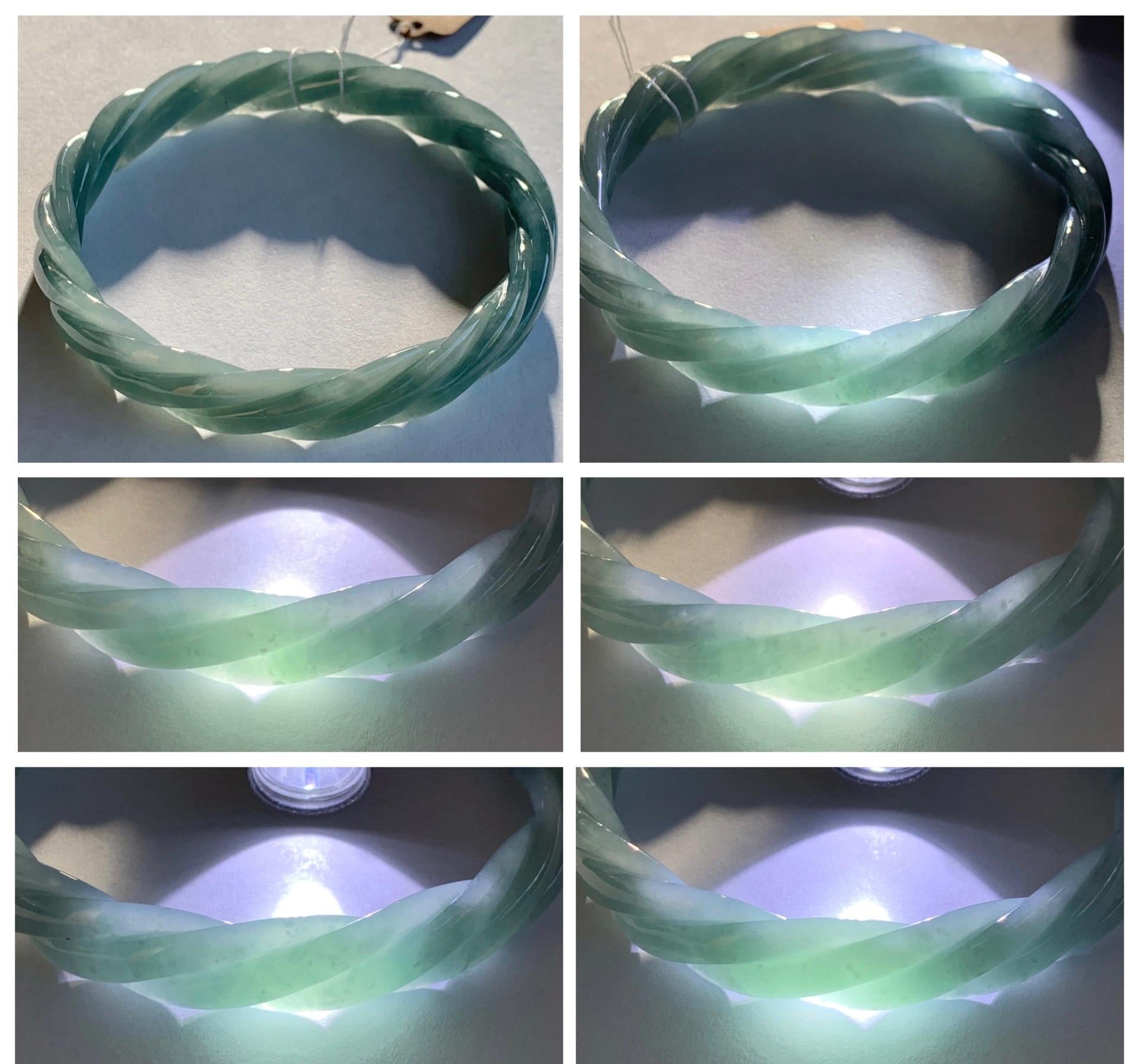 Certified Natural Grade A Guatemalan Icy Translucent Dark Dusty Blue Jade Jadeite Carved Braid Bangle 62.8mm 7.76” 36g 天然冰危暗蓝翡翠麻花手镯 087