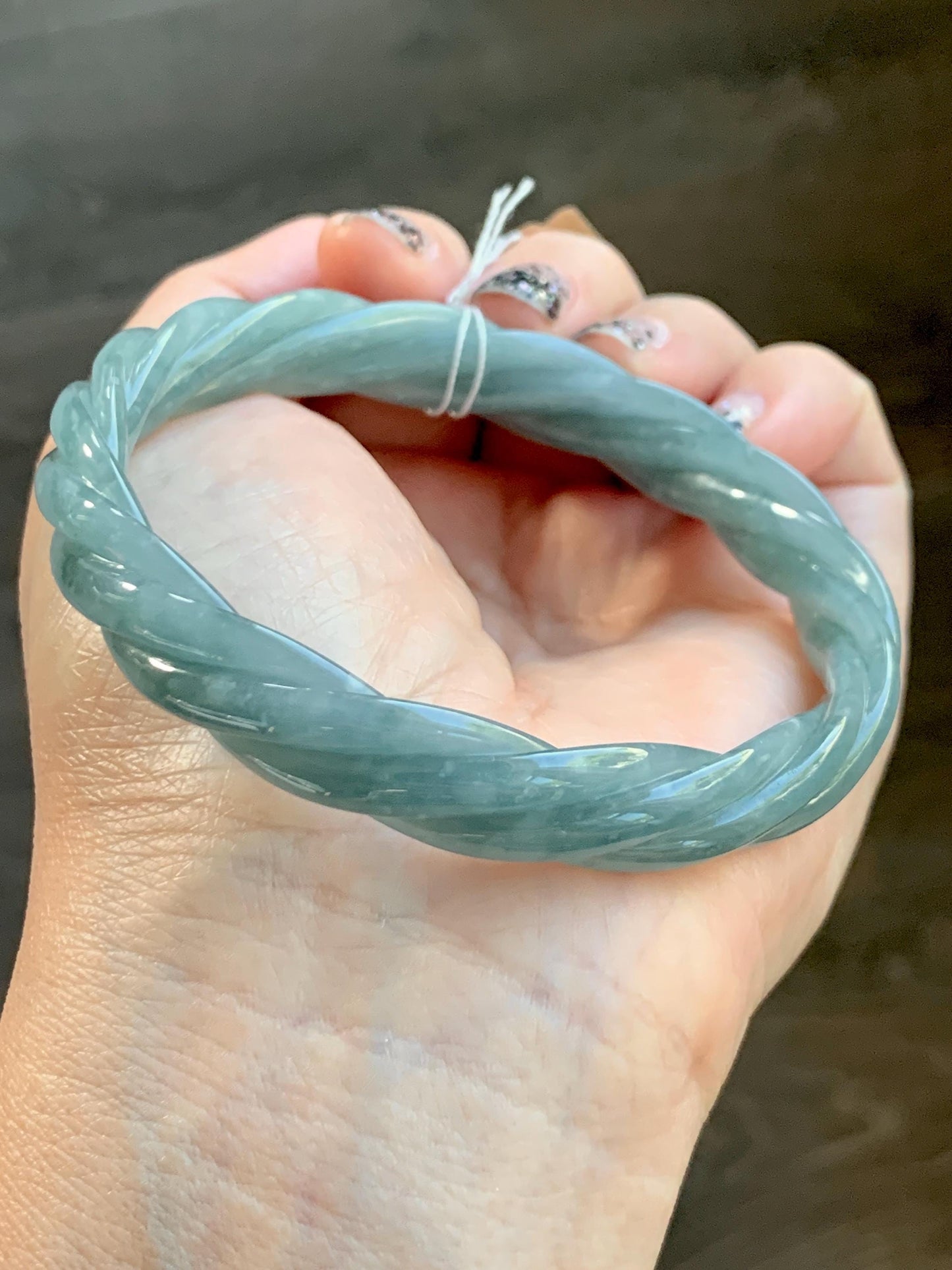 Certified Natural Grade A Guatemalan Icy Translucent Dark Dusty Blue Jade Jadeite Carved Braid Bangle 62.8mm 7.76” 36g 天然冰危暗蓝翡翠麻花手镯 087