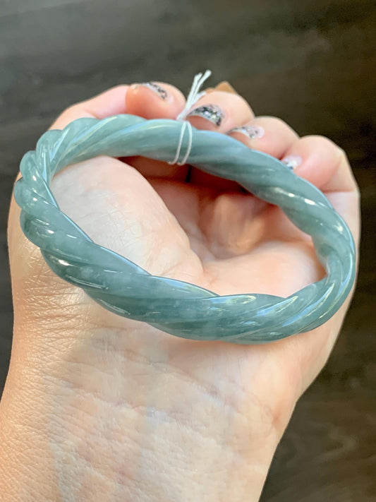 Certified Natural Grade A Guatemalan Icy Translucent Dark Dusty Blue Jade Jadeite Carved Braid Bangle 62.8mm 7.76” 36g 天然冰危暗蓝翡翠麻花手镯 087