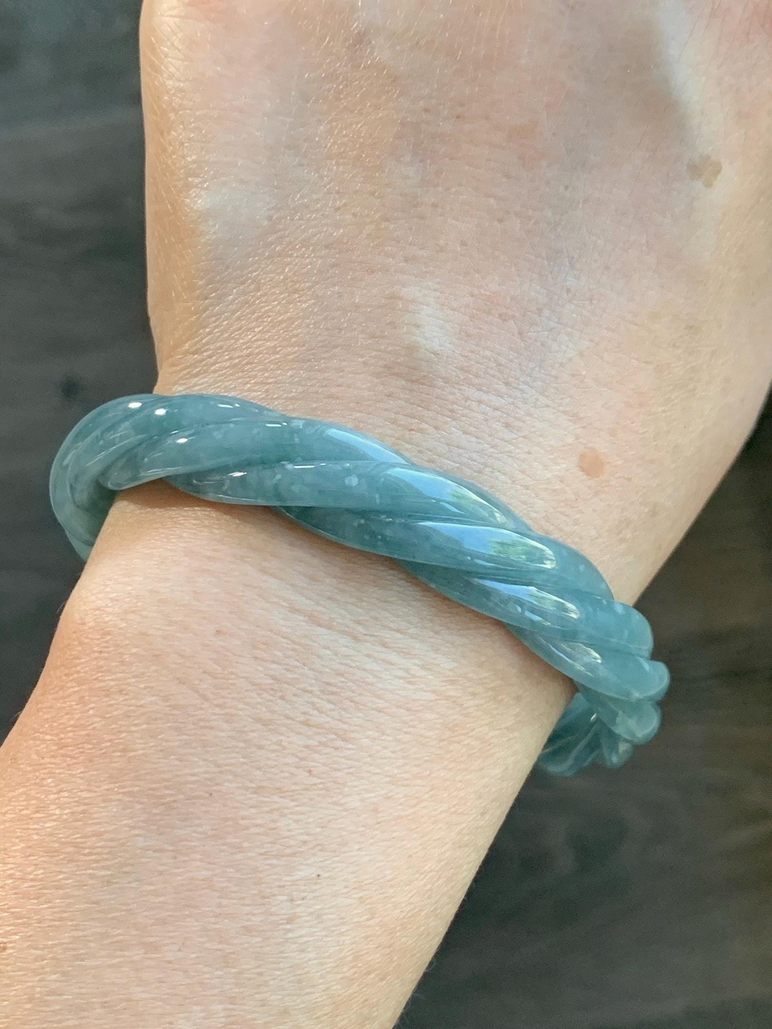 Certified Natural Grade A Guatemalan Icy Translucent Dark Dusty Blue Jade Jadeite Carved Braid Bangle 62.8mm 7.76” 36g 天然冰危暗蓝翡翠麻花手镯 087