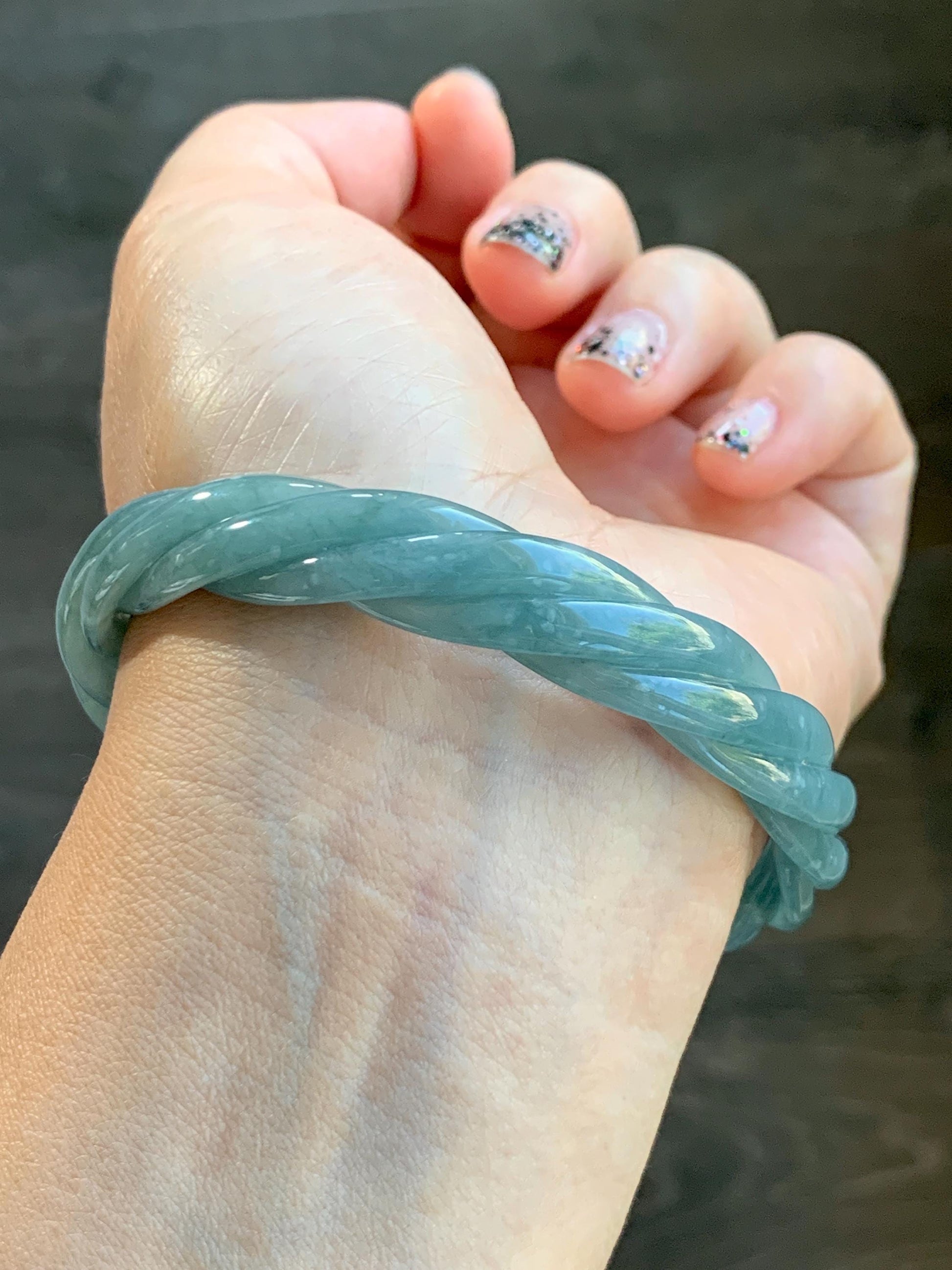 Certified Natural Grade A Guatemalan Icy Translucent Dark Dusty Blue Jade Jadeite Carved Braid Bangle 62.8mm 7.76” 36g 天然冰危暗蓝翡翠麻花手镯 087