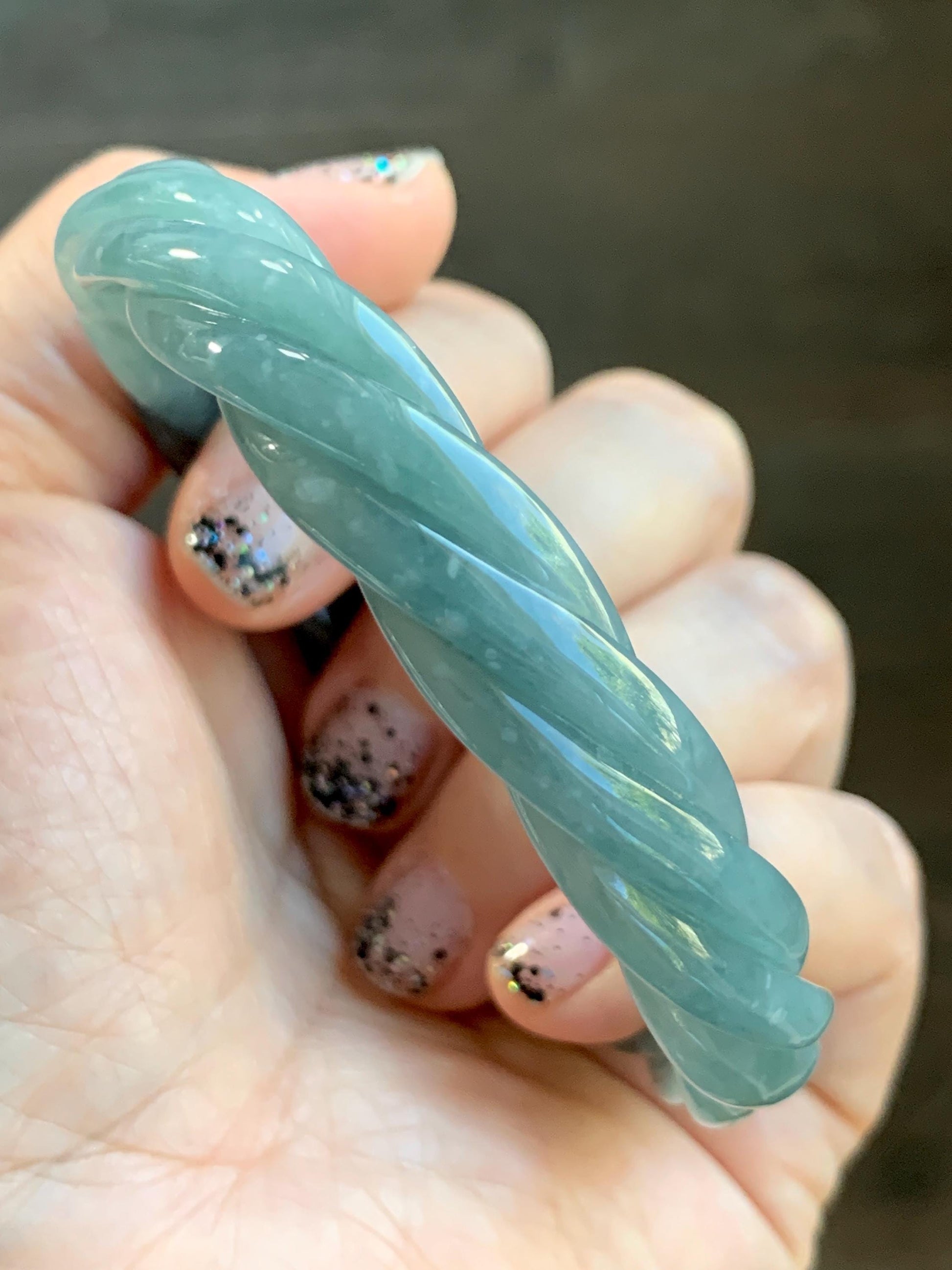 Certified Natural Grade A Guatemalan Icy Translucent Dark Dusty Blue Jade Jadeite Carved Braid Bangle 62.8mm 7.76” 36g 天然冰危暗蓝翡翠麻花手镯 087