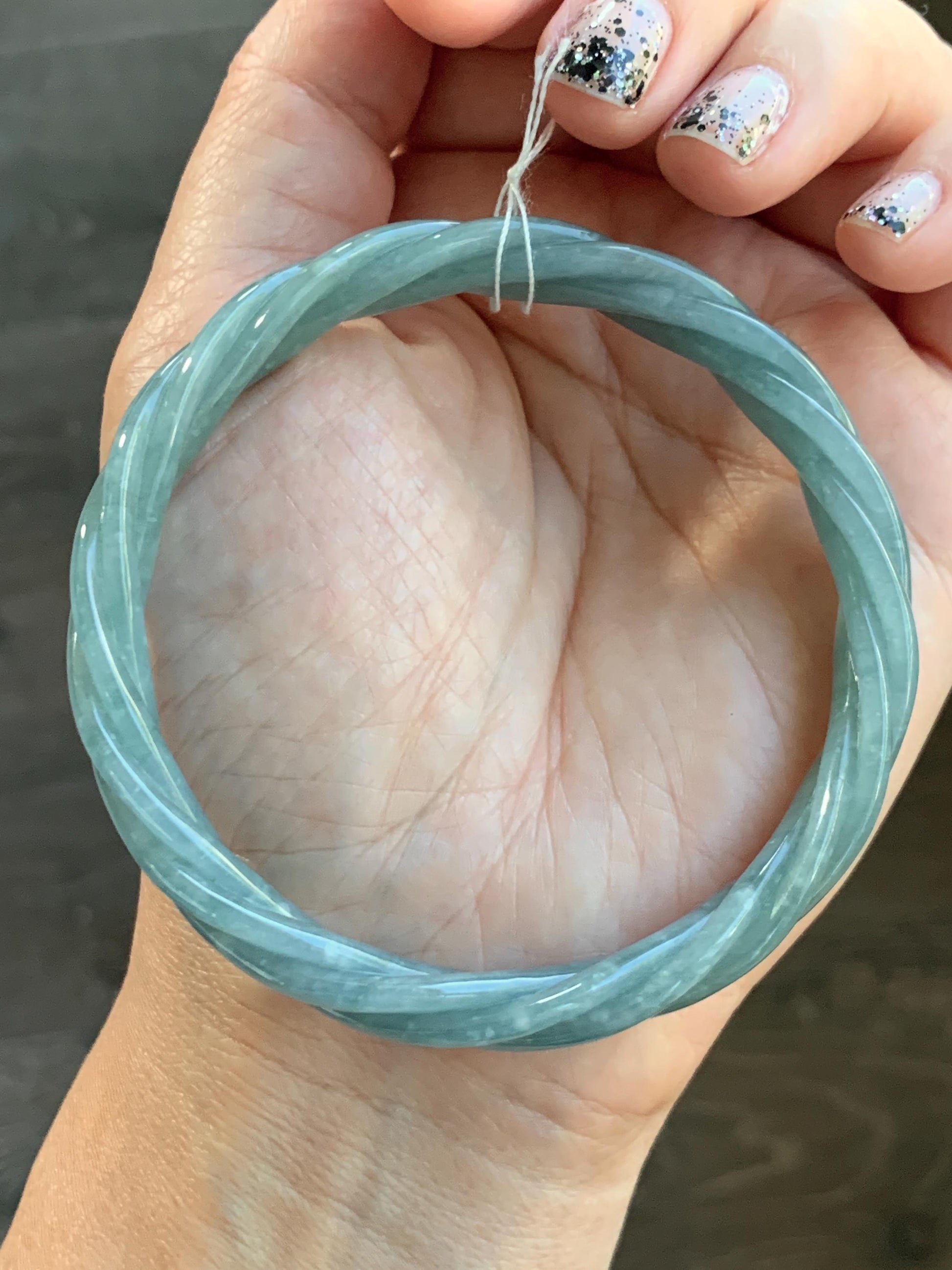 Certified Natural Grade A Guatemalan Icy Translucent Dark Dusty Blue Jade Jadeite Carved Braid Bangle 62.8mm 7.76” 36g 天然冰危暗蓝翡翠麻花手镯 087