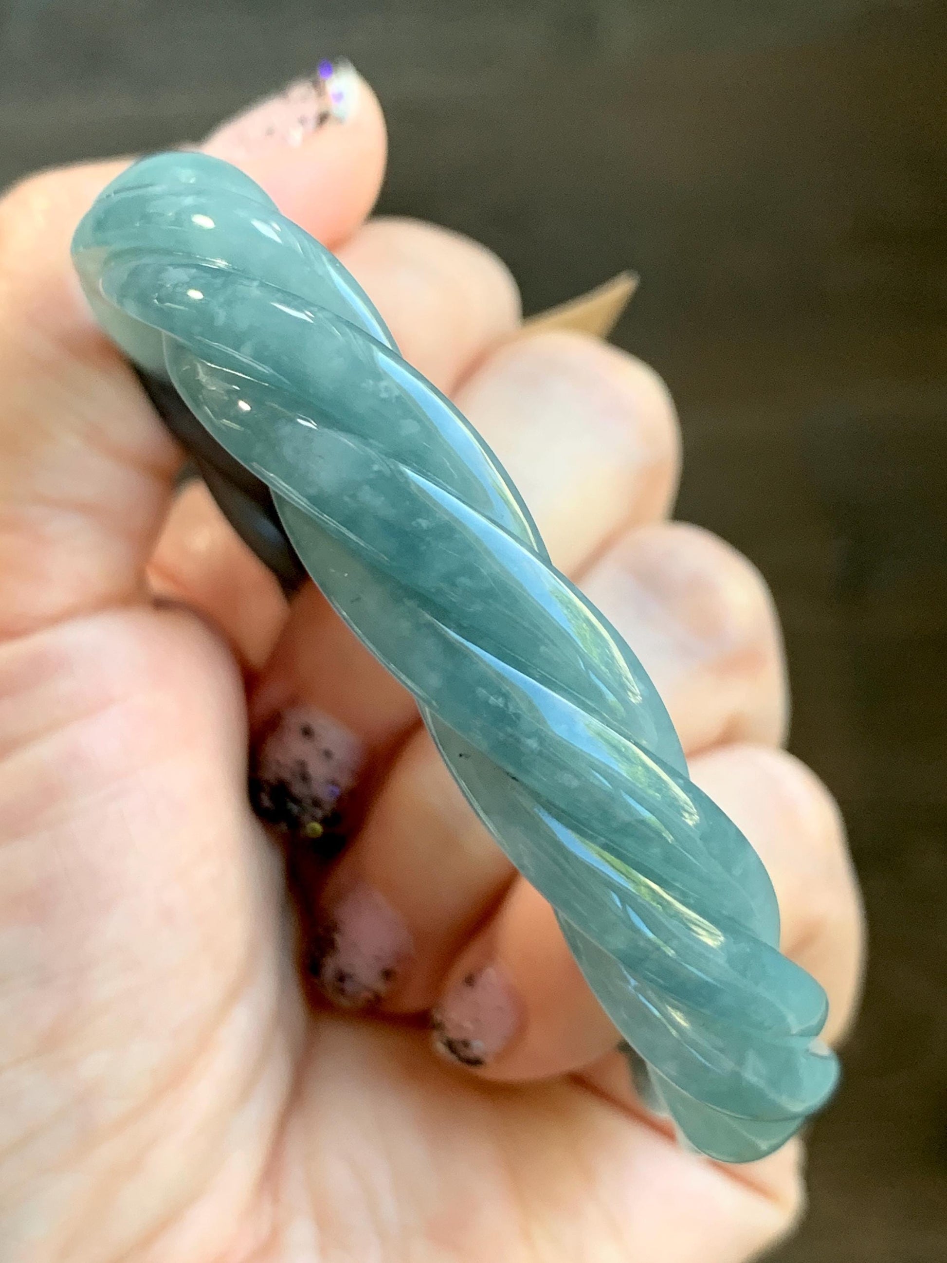 Certified Natural Grade A Guatemalan Icy Translucent Dark Dusty Blue Jade Jadeite Carved Braid Bangle 62.8mm 7.76” 36g 天然冰危暗蓝翡翠麻花手镯 087