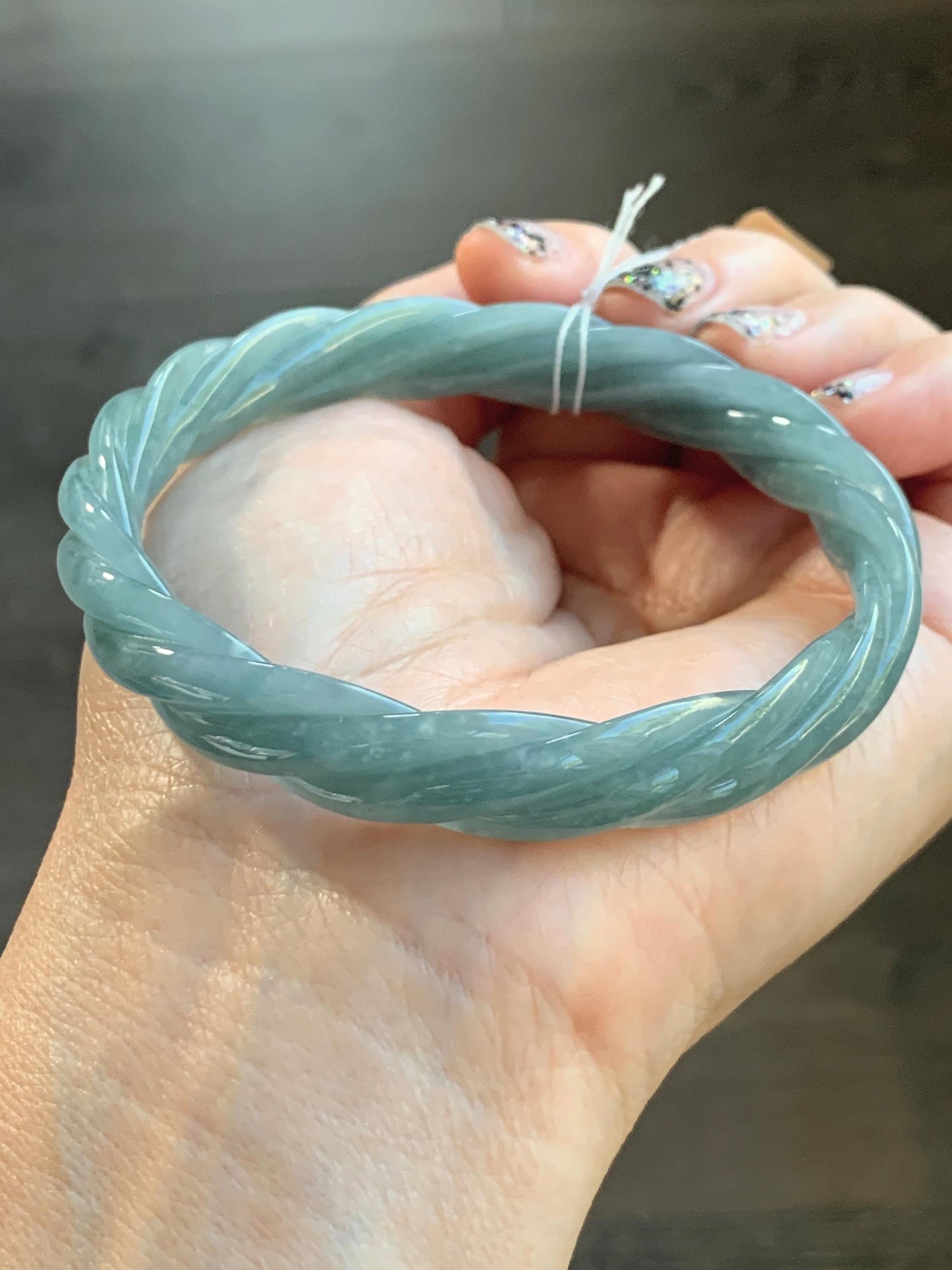 Certified Natural Grade A Guatemalan Icy Translucent Dark Dusty Blue Jade Jadeite Carved Braid Bangle 62.8mm 7.76” 36g 天然冰危暗蓝翡翠麻花手镯 087