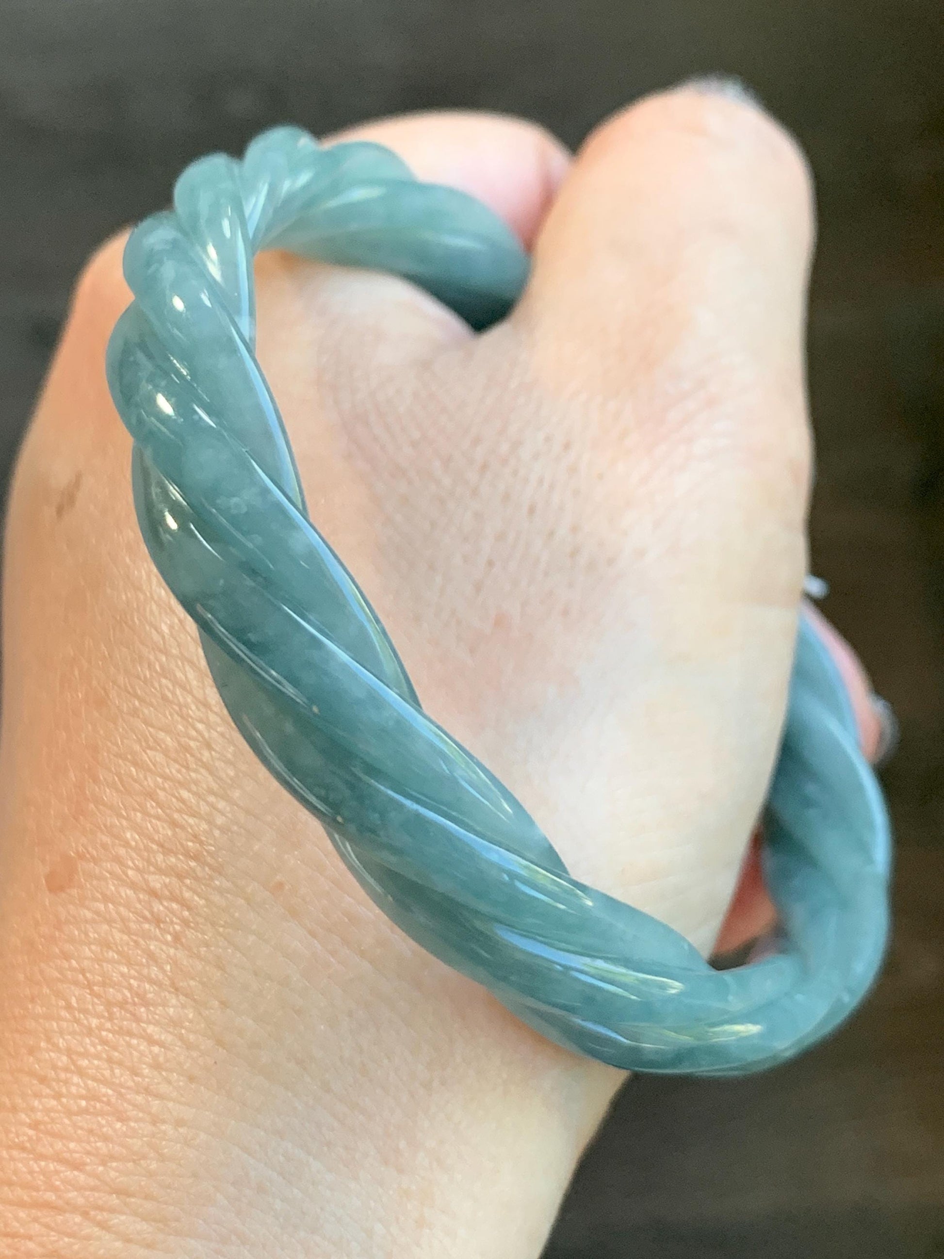 Certified Natural Grade A Guatemalan Icy Translucent Dark Dusty Blue Jade Jadeite Carved Braid Bangle 62.8mm 7.76” 36g 天然冰危暗蓝翡翠麻花手镯 087