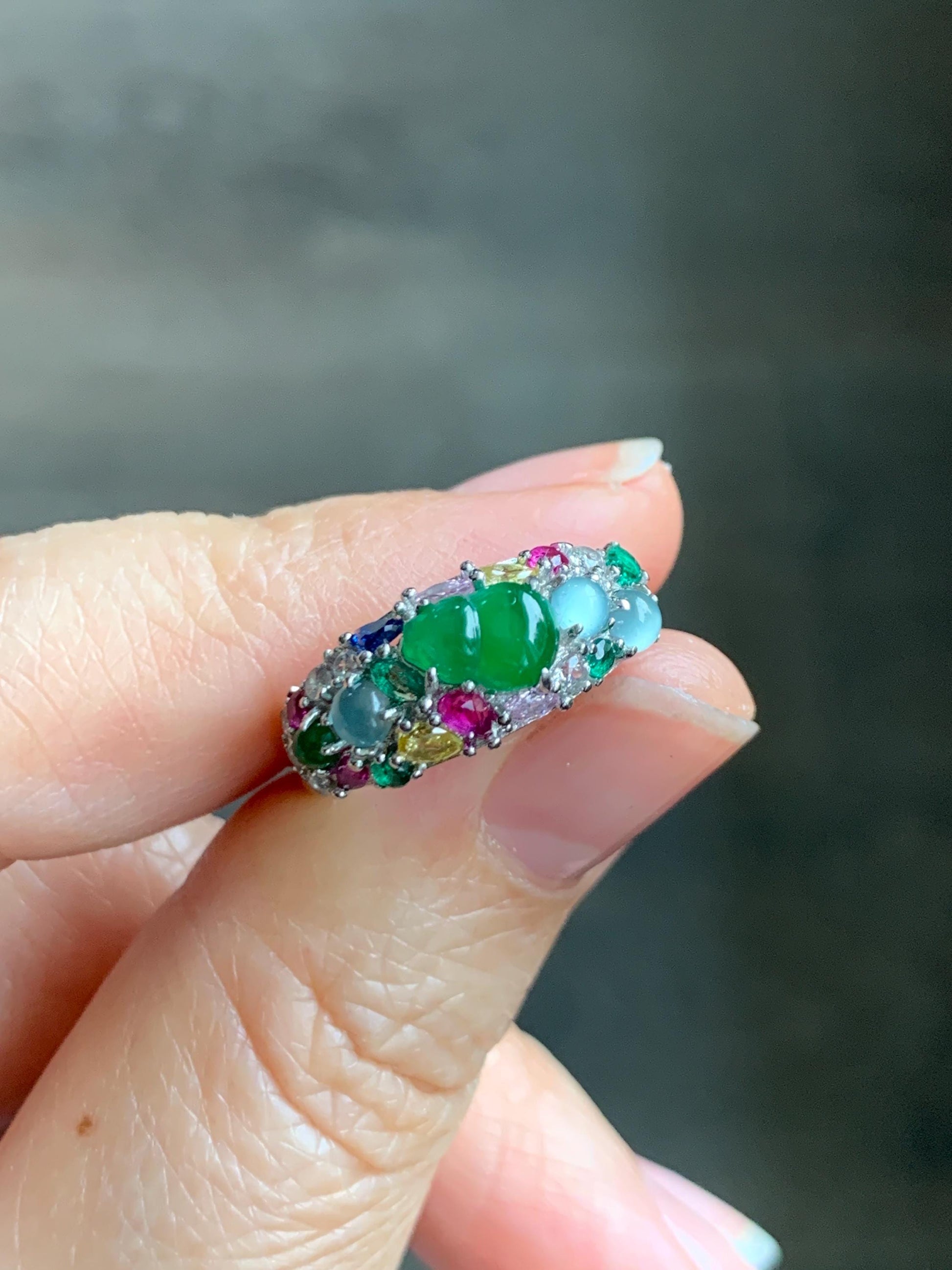 Natural Grade A Guatemalan Icy Translucent Vibrant Green Jade Jadeite Gourd Hulu Band Ring Sterling Silver Size 7 天然冰危绿翡翠花开富贵银镶戒指 HKFL98B