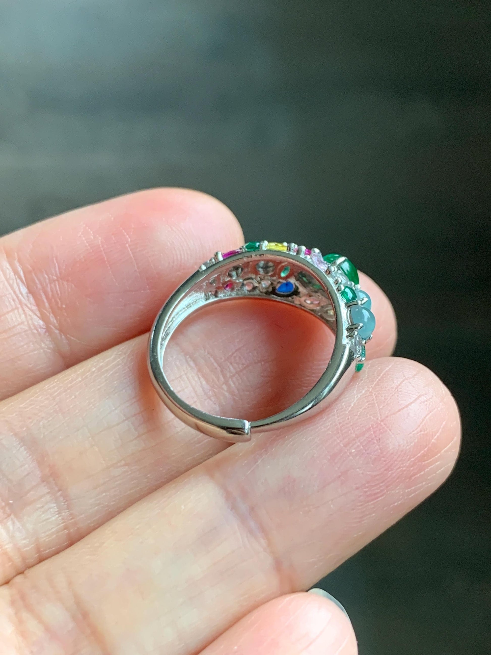 Natural Grade A Guatemalan Icy Translucent Vibrant Green Jade Jadeite Gourd Hulu Band Ring Sterling Silver Size 7 天然冰危绿翡翠花开富贵银镶戒指 HKFL98B