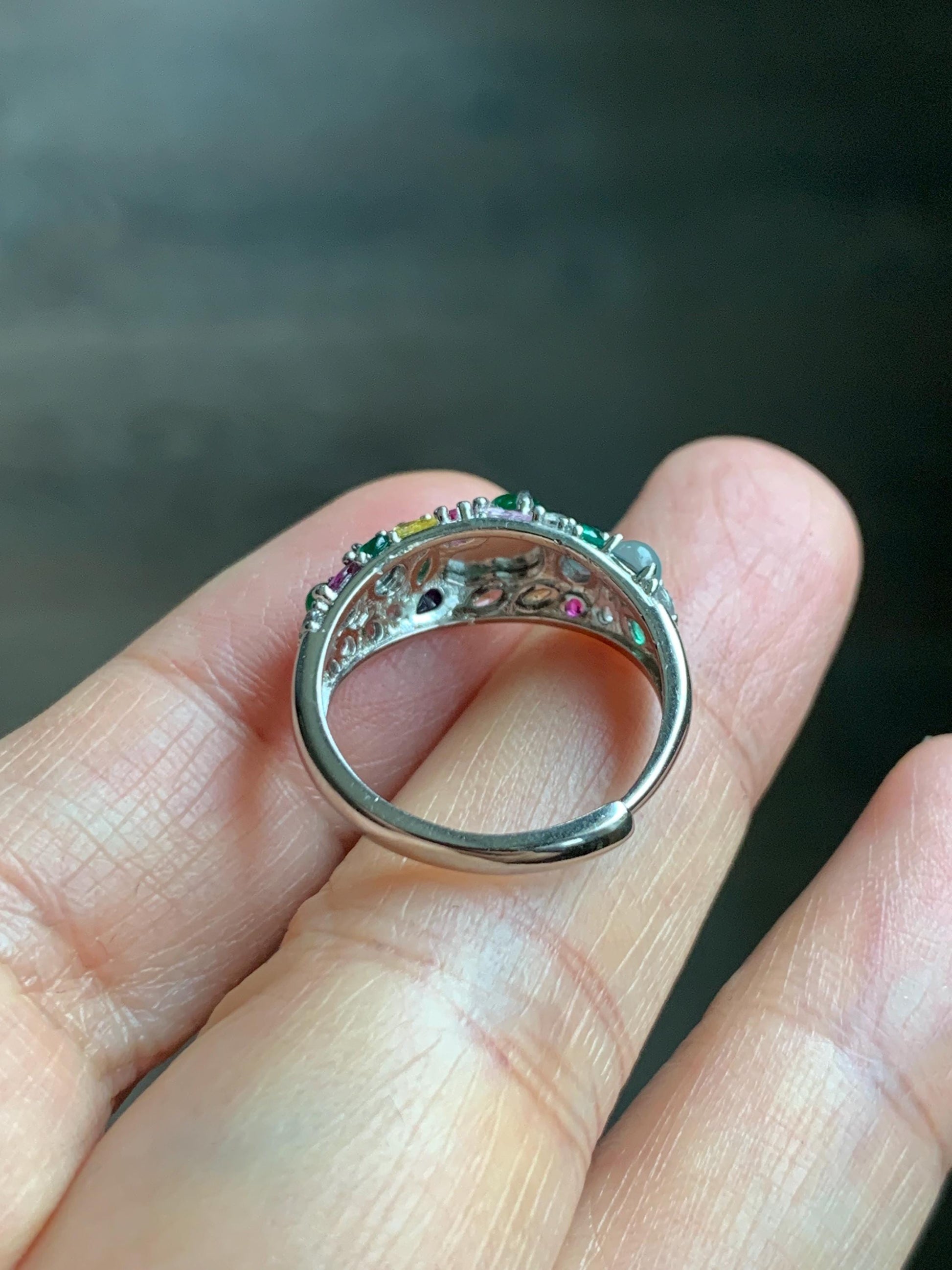 Natural Grade A Guatemalan Icy Translucent Vibrant Green Jade Jadeite Gourd Hulu Band Ring Sterling Silver Size 7 天然冰危绿翡翠花开富贵银镶戒指 HKFL98B